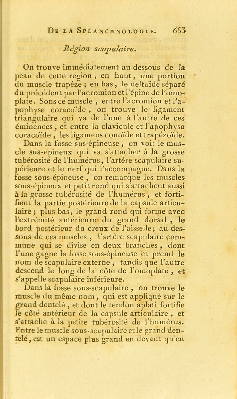 Région scapulaire. On trouve immédiatement au-dessous de la peau de cette région , en haut, une portion du muscle trapèze ; en bas, le deltoïde séparé du précédent par l’acromion et l’épine de l’omo- plate. Sons ce muscle , entre l’acrornion et l'a- pophyse coracoïde , on trouve le ligament triangulaire qui va de l’une à l’autre de ces éminences, et entre la clavicule et l’apophyse coracoïde , les ligamens conoïde et trapézoïde. Dans la fosse sus-épineuse, on voit le mus- cle sus-épineux qui va s’attacher à la grosse tubérosité de l’humérus, l'artère scapulaire su- périeure et le nerf qui l’accompagne. Dans la fosse sous-épineuse , on remarque les muscles sous-épineux et petit rond qui s’attachent aussi à la grosse tubérosité de l’humérus , et forti- fient la partie postérieure de la capsule articu- laire ; plus bas, le grand rond qui forme avec l’extrémité antérieure du grand dorsal , le bord postérieur du creux de l’aisselle; au-des- sous de ces muscles , l’artère scapulaire çom- mune qui se divise en deux branches , dont l’une gagne ia fosse sous-épineuse et prend le nom de scapulaire externe , tandis que l’autre descend le long de la côte de l’omoplate , et s'appelle scapulaire inférieure. Dans la fosse sous-scapulaire , on trouve le muscle du même nom, qui est appliqué sur le grand dentelé , et dont le tendon aplati fortifie le côté antérieur de la capsule articulaire , et s’attache à la petite tubérosité de l’humérus. Entre le muscle sous-scapulaire et le grand den- telé, est un espace plus grand en devant qu'en