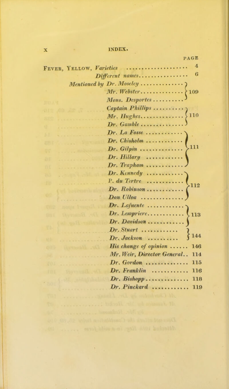 PAGE Fever, Yellow, Varietics Différent names ® Mentioned by Dr. Moseley Mr. Webster ^109 Mons. Desportes ^ Captain Phillips Mr. Hughes C 110 Dr. Gamble ' Dr. La Fosse N Dr. Chisholm I Dr. Gilpin Dr. Hillary V Dr. Trapham J Dr. Kennedy N P. du Tertre ^ Dr. Robinson Don Ulloa / Dr. Lafuente Dr. Lempriere wl3 Dr. Davidson I Dr. Stuart T Dr. Jackson j His change of opinion 146 Mr. Weir, Direct or General.. 114 Dr. Gordon 115 Dr. Franklin 116 Dr. Bishopp 118 Dr. Pinckard 119