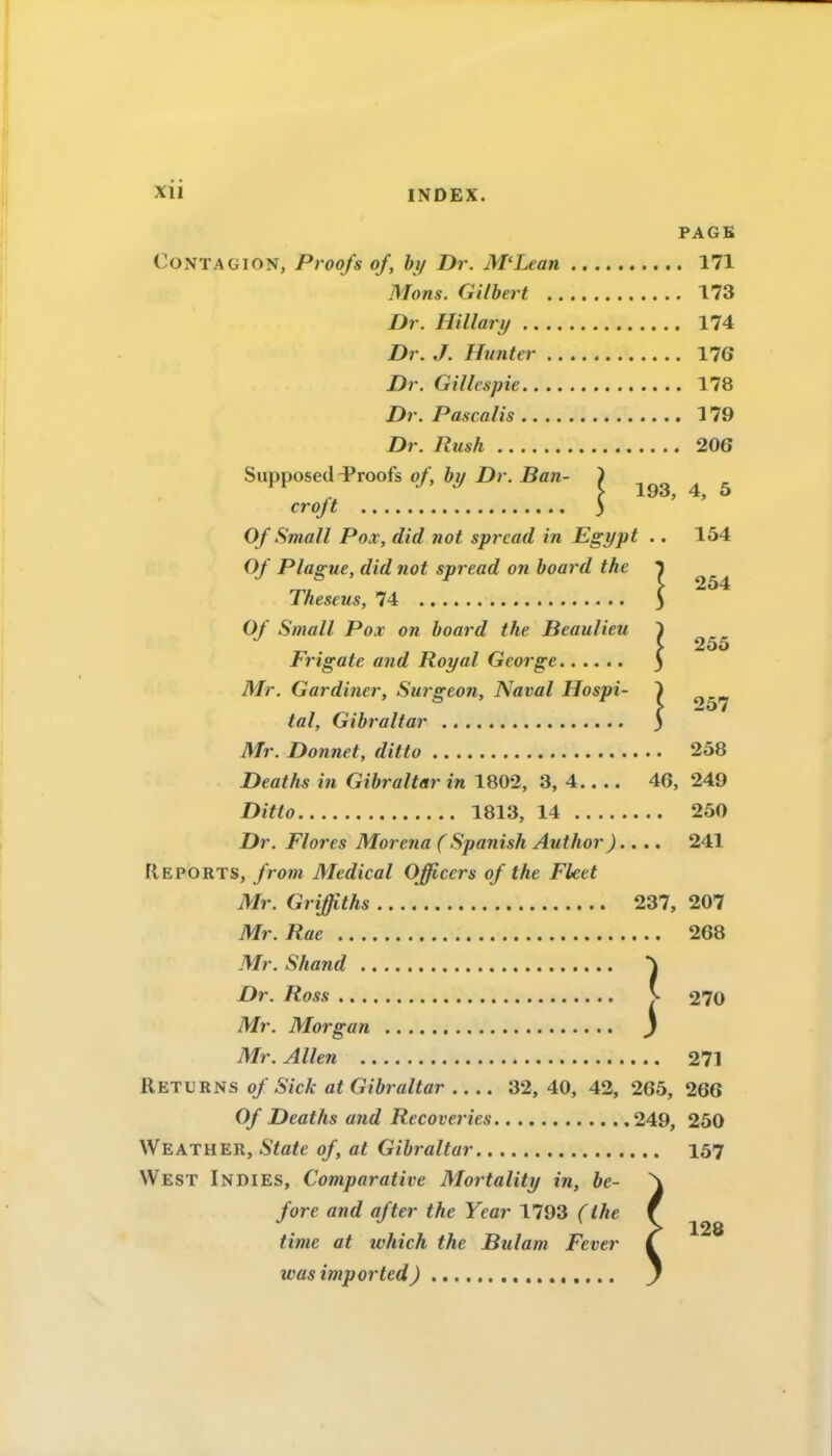PAGE Contagion, Proofs of, hi/ Dr. M‘Lean 171 Mons. Gilbert 173 Dr. Hillary 174 Dr. J. Hunter 176 Dr. Gillcspie 178 Dr. Pascalis 179 Dr. Rush 206 Supiïosed l^roofs of, bu Dr. Ban- ) ^ ^ 193, 4, 5 crojt ) Of Small Pox, did not spread in Egypt .. 154 Of Plague, did not spread on board the 1 Theseus, 74 3 Of Small Pox on board the Beaulieu ) T. . ^ ï 255 Frigate and Royal George 3 Mr. Gardiner, Surgeon, Naval Hospi- 1 tal, Gibraltar 3 Mr. Donnet, ditto 258 Deatlis in Gibraltar in 1802, 3, 4.. .. 46, 249 Ditto 1813, 14 250 Dr. Flores Morena (Spanish Author).... 241 Reports, from Medical Officers of the Fleet Mr. Griffiths 237, 207 Mr. Rae 268 Mr. Shand Dr. Ross V 270 Mr. Morgan j Mr. Allen 271 Retl'RNs of Sick at Gibraltar .... 32, 40, 42, 265, 266 Of Deaths and Recoveries 249, 250 Weather, State of, at Gibraltar 157 West Indies, Comparative Mortality in, be- fore and after the Year 1793 (ihe lime at ivhich the Bulam Fever was imported ) 128