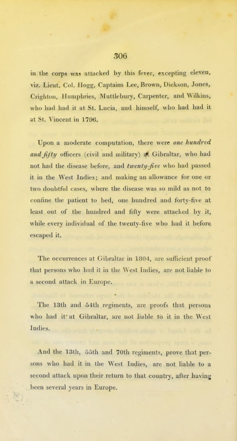 iii lhe corps was attacked by this fever, cxcepting eleven, viz. Lieut. Col. Ilogg, Captains Lee, Brown, Dickson, Jones, Crighton, Humpliries, Muttlebury, Carpenter, and Wilkins, who liad liad it at St. Lucia, and himself, who bad had it at St. Vincent in 1796. Upon a moderate computation, there were one hundred andfijty officers (civil and inilitary) sft Gibraltar, who had not had the disease before, and twenty-jive who had passed it in the West Indies; and making an allowance for one or two doubtful cases, where the disease was so mild as not to conline the patient to bed, one hundred and forty-fi\e at least ont of the hundred and fifty were attacked by it, while every individual of the tweiity-five who had it before escaped it. The occurrences at Gibraltar in 1804, are sufHcient proof tliat persons who had it in the West Indies, are not liable to a second attack in Europe. m The 13th and 54th régiments, are j)roofs that persons w ho had it' at Gibraltar, are not liable to it in the West Indies. And the 13th, .55th and 70th régiments, prove that per- sons who had it in the West Indies, are not liable to a second attack upon their return to that couutry, after having been several years in Europe.