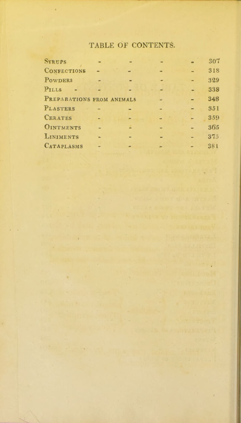 Syrups - - - - 307 Confections - - - - 318 Powders - - - - 329 Pills - - - - 338 Preparations FROM ANIMALS - - 348 Plasters - - - - 351 Cerates - - - - 3.59 Ointments - - - - 36*5 Liniments - - - - 375 Cataplasms _ - jf. _ 381
