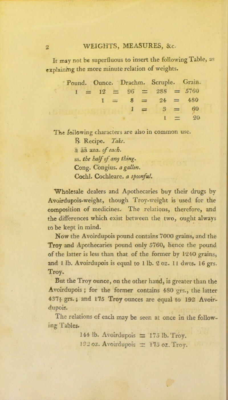 It may not be superfluous to insert the following Table, as explaining the more minute relation of weights. Pound. Ounce. Drachm. Scruple. Grain, 1 = 12 — 96 — 288 — 5760 1 = 8 = 24- = 4S0 1 ss 3 = 60 1 = 20 \ The following characters are also in common use. ty. Recipe. Take. a aa ana. of each. ss. the half of any thing. Cong. Congius. a gallon. Cochl. Cochleare, a spoonful. Wholesale dealers and Apothecaries buy their drugs by Avoirdupois-weight, though Troy-weight is used for the composition of medicines. The relations, therefore, and the differences which exist between the two, ought always to be kept in mind. Now the Avoirdupois pound contains 7000 grains, and the Troy and Apothecaries pound only 5760, hence the pound of the latter is less than that of the former by 1240 grains, and 1 lb. Avoirdupois is equal to 1 lb. 2 oz. 11 dwts. 16 grs. Troy. But the Troy ounce, on the other hand, is greater than the Avoirdupois ; for the former contains 480 grs., the latter 4:37f grs.; and 175 Troy ounces are equal to 192 Avoir- dupois. The relations of each may be seen at once in the follow- ing Tables. 144 lb. Avoirdupois =: 175 lb. Troy. 192 oz. Avoirdupois nr 175 oz. Troy.