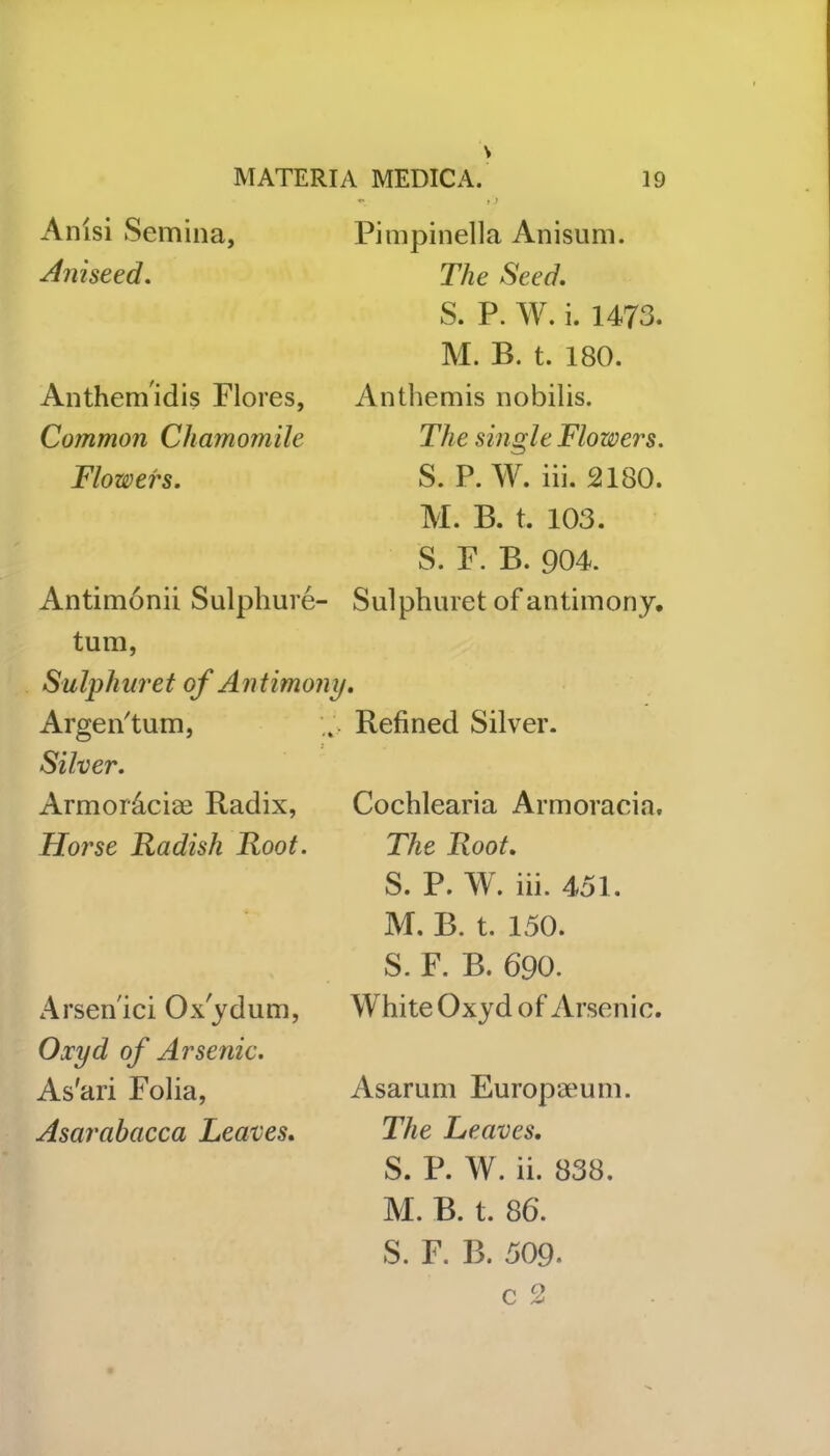 Anisi Semina, Aniseed. Anthemidis Flores, Common Chamomile Flowers. Pimpinella Anisum. The Seed. S. P. W. i. 1473. M. B. t. 180. Anthemis nobilis. The single Flowers. S. P. W. iii. 2180. M. B. t. 103. S. F. B. 904. Antimonii Sulphure- Sulphuret of antimony, turn, Sulphuret of Antimony. Argen'tum, Silver. Armor&ciae Radix, Horse Radish Root. A i ’sen'ici Ox'y dum, Oxyd of Arsenic. As'ari Folia, Asarabacca Leaves. Refined Silver. Cochlearia Armoraein. The Root. S. P. W. iii. 451. M. B. t. 150. S. F. B. 690. White Oxyd of Arsenic. Asarum Europaeum. The Leaves. S. P. W. ii. 838. M. B. t. 86. S. F. B. 509- c 2