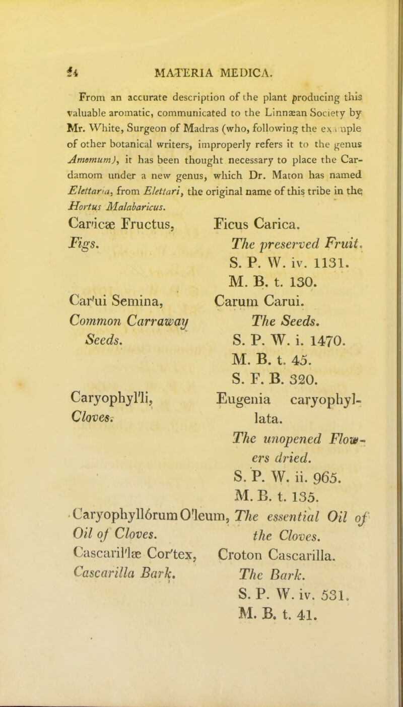 From an accurate description of the plant producing this valuable aromatic, communicated to the Linnaean Society by Mr. White, Surgeon of Madras (who, following the ex ^ nple of other botanical writers, improperly refers it to the genus Amomum), it has been thought necessary to place the Car- damom under a new genus, which Dr. Maton has named Elettarm, from Elettari, the original name of this tribe in the; Ficus Carica. The preserved Fruit. S. P. W. iv. 1131. M. B. t. 130. Carutn Carui. The Seeds. S. P. W. i. 1470. M. B. t. 45. S. F. B. 320. Eugenia caryophyl- lata. The unopened Flow- ers dried. S. P. W. ii. 965. M. B. t. 135. • Caryophyll6rum O'leum, The essential Oil of Oil of Cloves. the Cloves. Cascaril'lae Cortex, Croton Cascarilla. Cascarilla Bark. The Bark. S. P. W. iv. 531. M. B. t. 41. Hortus Malabaricus. Car'icae Fructus, Figs. Car'ui Semina, Common Carraway Seeds. Caryophyl'li, Cloves.