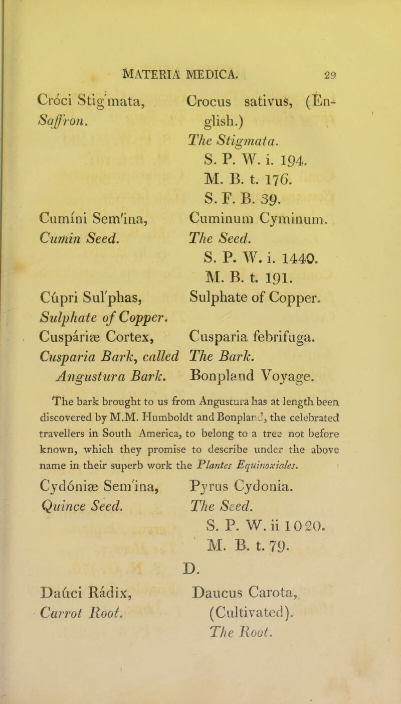 Croci Stigmata, Saffron. Cumini Sem'ina, Cumin Seed. Chpri Sul phas, Sulphate of Copper. Cusparise Cortex, Cusparia Bark, called An gust ura Bark. Crocus sativus, (En- glish.) The Stigmata. S. P. W. i. 194. M. B. t. 17G. S. F. B. 39. Cuminum Cyminum. The Seed. S. P. W. i. 1440. M. B. t. 191. Sulphate of Copper. Cusparia febrifuga. 27le Bark. Bonpland Voyage. The bark brought to us from Angustura has at length been discovered by M.M. Humboldt and Bonplar d, the celebrated travellers in South America, to belong to a tree not before known, which they promise to describe under the above name in their superb work the Plantes Equinoxiales. Cydoniae Sem ina, Pyrus Cydonia. Quince Seed. The Seed. S. P. W. ii 1020. M. B. t. 79. D. Dahci Radix, Carrot Bool. Daucus Carota, (Cultivated). The Boot.