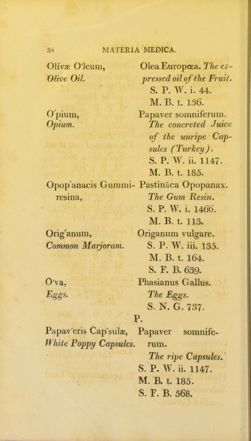 Olivas O'ieuni, Olive Oil. Opium, Opium. Opopanaeis Gummi resina, Orig'anum, Common Marjoram. O'va, Eggs. Papav'eris Cap'sulae, \\ kite Poppy Capsules. OleaEuropoea. The ex- pressed oil of the Fr uit. S. P. W. i. 44. M. B. t. 136. Papaver somniferum. The concreted Juice of the unripe Cap- sules (Turkey). S. P. W. ii. 1147- M. B. t. 185. Pastinaca Opopanax. The Gum Resin. S. P. W. i. 1466. M. B. t. 113. Origanum vulgare. S. P. W. iii. 135. M. B. t. 164. S. E. B. 639. Phasianus G alius. The Eggs. S. N. G. 737. \ Papaver somnife- rum. The ripe Capsules. S. P. W. ii. 1147. M. B. t. 185.