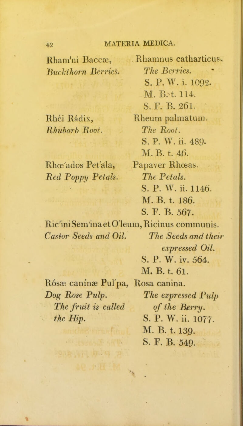 Rham'ni Baccae, Buckthorn Berries. Rhei Radix, Rhubarb Root. Rhce'ados Pct'ala, Red Poppy Petals. Ric'iniSem'inaetOleum Castor Seeds and Oil. Rosas caninae Pul'pa, Dog Rose Pulp. The fruit is called the Hip. Rhamnus catharticus. The Berries. S. P. W. i. 1092. M. E. t. 114. S. F. B. 261. Rheum palmatum. The Root. S. P. W. ii. 489- M. B. t. 46. Papaver Rhoeas. The Petals. S. P. W. ii. 1146. M. B. t. 186. S. F. B. 567. Ricinus communis. The Seeds and their expressed Oil. S. P. W. iv. 564. M. B. t. 6l. Rosa canina. The expressed Pulp of the Berry. S. P. W. ii. 1077. M. B. t. 139. S. F. B. 549. %