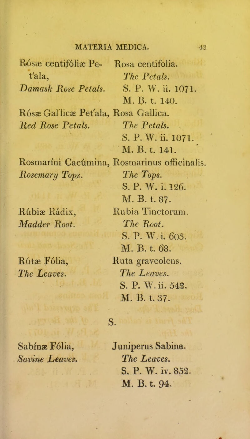 Rosae centifoliae Pe- Rosa centifolia. t'ala, The Petals. Damask Rose Petals. S. P. W. ii. 1071. M. B. t. 140. R6sse GaUicse Pet'ala, Rosa Gallica. Red Rose Petals. The Petals. S. P. W. ii. 1071. M. B. t. 141. Rosmarini Cactimina, Rosmarinus officinalis. Rosemary Tops. Rtibiae Radix, Madder Root. • A Rtitae Folia, The Leaves. The Tops. S. P. W. i. 126. M. B. t. 87. Rubia Tinctorum. The Root. S. P. W, i. 60S. M. B. t. 68. Ruta graveolens. The Leaves. S. P. W. ii. 542. M. B. t.37. S. Sabinae F61ia, Savine Leaves. Juniperus Sabina. The Leaves. S. P. W. iv. 852.