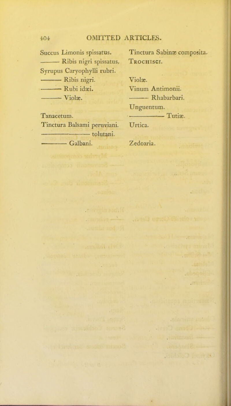 Succus Limonis spissatus. Ribis nigri spissatus. Syrupus Caryophylli rubri. Ribis nigri. —■■ — Rubi idaei. Violae. Tanacetum. Tinctura Balsami peruviani. tolutani. Galbani. Tinctura Sabina: composita. Trochisci. Viola:. Vinum Antimonii. — Rhabarbari. Unguentum. Tutiae. Urtica. Zedoaria.