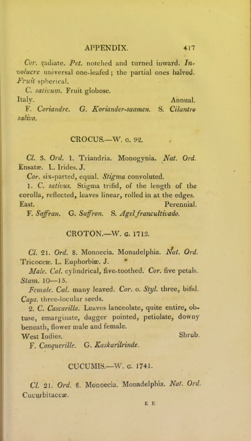 Cor. Radiate. Pet. notched and turned inward. In- volucre universal one-leafed ; the partial ones halved. Fruit spherical. C. sat hum. Fruit globose. Italy. Annual. F. Coriandre. G. Koriander-saamen. S. Cilantro salivo. CROCUS.—W. g. 92. Cl. 3, Ord. 1. Triandria. Monogynia. Fat. Ord. Ensatae. L. Irides. J. Cor. six-parted, equal. Stigma convoluted. 1. C. sativus. Stigma trifid, of the length of the corolla, reflected, leaves linear, rolled in at the edges. East. Perennial. F. Sajffran. G. Saffron. S. Agelfrancultivado. CROTON.—W. g. 1713. Cl. 21. Ord. 8. Monoecia. Monadelphia. ifat. Ord. Tricoccae. L. Euphorbia:. J. Male. Cal. cylindrical, five-toothed. Cor. five petals. Stain. 10—15. Female. Cal. many leaved. Cor. o. Styl. three, bifid. Caps, three-locular seeds. 2. C. Cascarilla. Leaves lanceolate, quite entire, ob- tuse, emarginate, dagger pointed, petiolate, downy beneath, flower male and female. West Indies. Shrub. F. Conquerille. G. Kaskanlrinde. CUCUMIS.—W. g. 1741. Cl. 21. Ord. 8. Monoecia. Monadelphia. Nat. Ord. Cucurbitaceae. 1L E