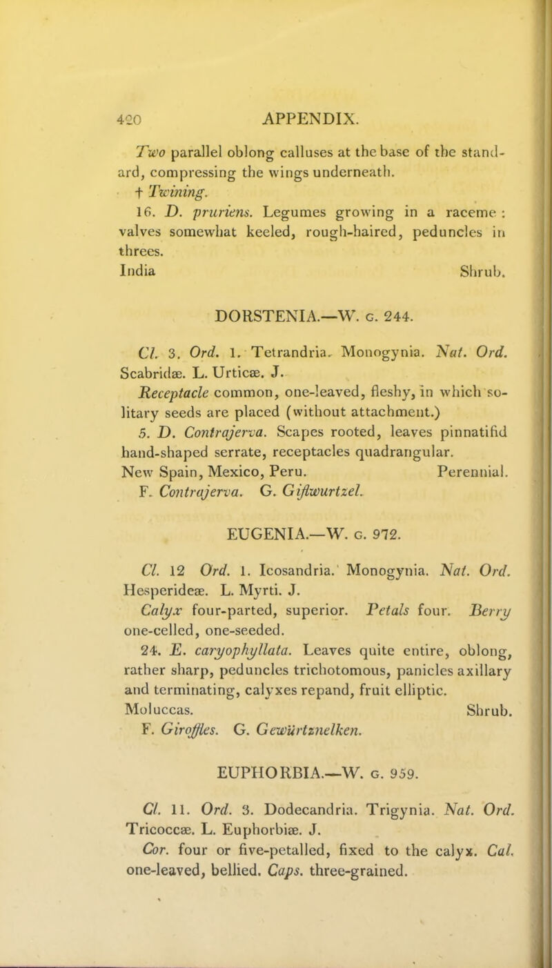 Two parallel oblong calluses at the base of the stand- ard, compressing the wings underneath, f Twining. 16. D. prurient. Legumes growing in a raceme : valves somewhat keeled, rough-haired, peduncles in threes. India Shrub. D O RSTENIA.—W. g. 244. Cl. 3. Ord. 1. Tetrandria. Monogynia. Nat. Ord. Scabridae. L. Urticae. J. Receptacle common, one-leaved, fleshy, in which so- litary seeds are placed (without attachment.) 5. D. Contrajerva. Scapes rooted, leaves pinnatifid hand-shaped serrate, receptacles quadrangular. New' Spain, Mexico, Peru. Perennial. F. Contrajerva. G. Giflwurtzel. EUGENIA.—W. g. 972. Cl. 12 Ord. 1. Icosandria. Monogynia. Nat. Ord. Hesperideae. L. Myrti. J. Calyx four-parted, superior. Petals four. Berry one-celled, one-seeded. 24. E. caryophyllata. Leaves quite entire, oblong, rather sharp, peduncles trichotomous, panicles axillary and terminating, calyxes repand, fruit elliptic. Moluccas. Shrub. F. Girojfles. G. Gewiirtznelken. EUPHORBIA.—'W. g. 959. Cl. 11. Ord. 3. Dodecandria. Trigynia. Nat. Ord. Tricoccae. L. Euphorbiae. J. Cor. four or five-petalled, fixed to the calyx. Cal. one-leaved, bellied. Caps, three-grained.