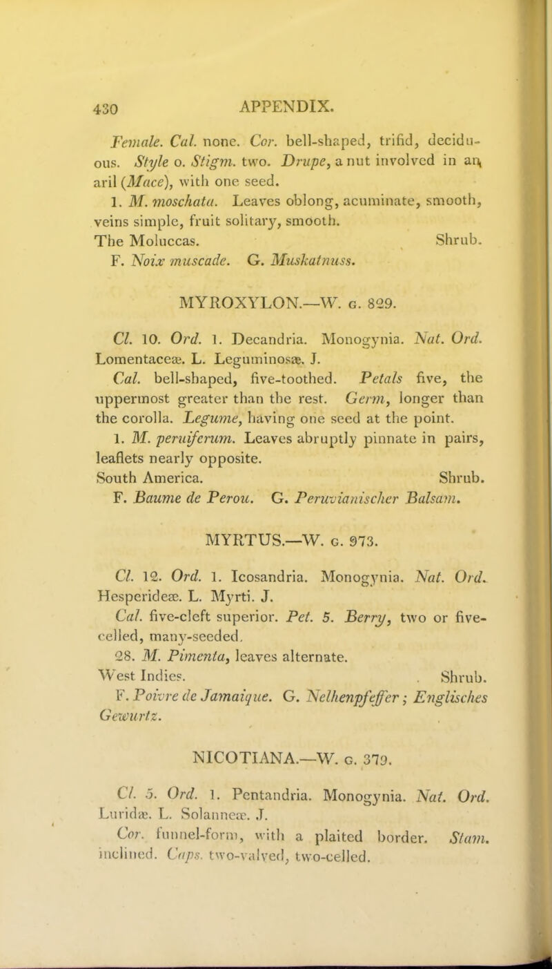 Female. Cal. none. Cor. bell-shaped, trifid, decidu- ous. Style o. Stigm. two. Drupe, u nut involved in an, aril (Mace), with one seed. 1. M. moschata. Leaves oblong, acuminate, smooth, veins simple, fruit solitary, smooth. The Moluccas. Shrub. F. Noix muscade. G. Muskatnuss. MYROXYLON.—W. g. 829. Cl. 10. Ord. 1. Decandria. Monogynia. Nat. Ord. Lomentace*. L. Leguminosae. J. Cal. bell-shaped, five-toothed. Petals five, the uppermost greater than the rest. Germ, longer than the corolla. Legume, having one seed at the point. 1. M. peruiferum. Leaves abruptly pinnate in pairs, leaflets nearly opposite. South America. Shrub. F. Baume de Perou. G. Peruvianischer Balsam. MYRTUS.—W. g. 973. Cl. 12. Ord. 1. Icosandria. Monogynia. Nat. Ord. Hesperidese. L. Myrti. J. Cal. five-cleft superior. Pet. 5. Berry, two or five- celled, many-seeded. 28. M. Pimcnta, leaves alternate. West Indies. Shrub. F. Poivre de Jamaique. G. Nelhenpfejfer; Englisches Gewurtz. NICOTIANA.—W. g. 379. Cl. 5. Ord. 1. Pentandria. Monogynia. Nat. Ord. Lurid*. L. Solannece. ,T. Oor. funnel-form, with a plaited border. Stum. inclined. Caps, two-valved, two-celled.