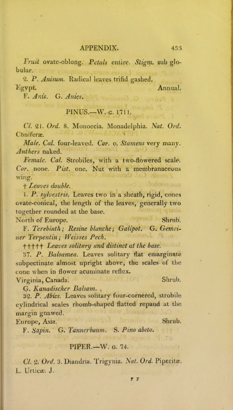 Fruit ovatc-oblong. Petals entire. Stigm. sub glo- bular. 2. P. Anisum. Radical leaves trifid gashed. Egypt. Annual. F. Anis. G. Anies. PINUS.—W. g. 1711. Cl. 21. Ord. 8. Monoecia. Monadelphia. Nat. Ord. Cbni ferae. Male. Cal. four-leaved. Cor. o. Stamens very many. Anthers naked. Female. Cal. Strobiles, with a two-flowered scale. Cor. none. Pist. one. Nut with a membranaceous wing. f Leaves double. 1. P. sj/lvestris. Leaves two in a sheath, rigid, cones ovate-conical, the length of the leaves, generally two together rounded at the base. North of Europe. Shrub. F. Terebinth; Resine blanche; Galipot. G. Gemei- ner Terpentin; Weisses Peek. ftttt Leaves solitary and distinct at the base. 37. P. Balsamea. Leaves solitary flat emargin&te subpectin^ite almost upright above, the scales of the cone when in flower acuminate reflex. Virginia, Canada. Shrub. G. Kanadischer Balsam. . 32. P. Abies. Leaves solitary four-cornered, strobile cylindrical scales rhomb-shaped flatted repand at the margin gnawed. Europe, Asia. Shrub. F. Sapin. G. Tannerbaum. S. Pino abeto. PIPER.—W. g. 74. Cl. 2- Ord. 3. Diandria. Trigynia. Nat. Ord. Piperitac. L. Urtieie. J. F F