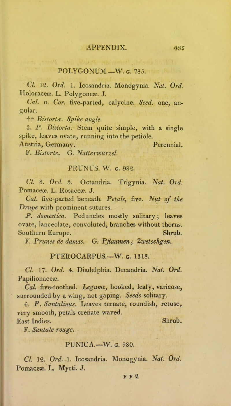 POLYGONUM.—W. g. 785. Cl. 12. Ord. 1. Icosandria. Monogynia. Nat. Ord. Holoraceae. L. Polygoneae. J. Cal. o. Cor. five-parted, calycine. Seed, one, an- gular. ft Bistortee. Spike angle. 3. P. Bistorta. Stem quite simple, with a single spike, leaves ovate, running into the petiole. Austria, Germany. Perennial. F. Bistorte. G. Natterwurzel. PRUNUS. W. g. 982. Cl. 8. Ord. 3. Octandria. Trigynia. Nat. Ord. Pomaceae. L. Rosaceae. J. Cal. five-parted beneath. Petals, five. Nut of the Drupe with prominent sutures. P. domestica. Peduncles mostly solitary; leaves ovate, lanceolate, convoluted, branches without thorns. Southern Europe. Shrub. F. Prunes de damas. G. Pjlaumen; Zwetschgen. PTEROCARPUS.—W. g. 1318. Cl. 17. Ord. 4. Diadelphia. Decandria. Nat. Ord. Papilionaceae. Cal. five-toothed. Legume, hooked, leafy, varicose, surrounded by a wing, not gaping. Seeds solitary. 6. P. Santalinus. Leaves ternate, roundish, retuse, very smooth, petals crenate waved. East Indies. Shrub. F. Santale rouge. PUNICA.—W. G. 980. Cl. 12. Ord. 1. Icosandria. Monogynia. Nat. Ord. Pomaceae. L. Myrti. J. f f 2