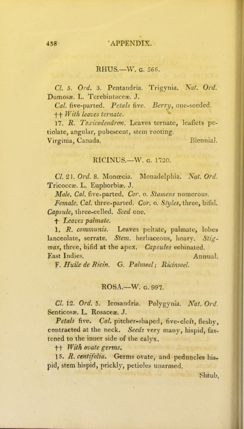 RHUS.—W. G. 566. Cl. 5. Ord. 3. Pentandria. Trig)rnia. A at. Old. Dumosas. L. Terebintaceae. J. Cal. five-parted. Petals five. Berry, one-seeded. With leaves ternate. * 17. jR. Toxicodendran. Leaves ternate, leaflets pe- tiolate, angular, pubescent, stem rooting. Virginia, Canada. Biennial. RICINUS.—W. g. 1720. Cl. 21. Ord. 8, Moncecia. Monadelphia. Nat. Ord. Tricoccae. L. Euphorbiae. J. Male, Cal. five-parted. Cor. o. Stamens numerous. Female. Cal. three-parted. Cor. o. Styles, three, bifid. Capsule, three-celled. Seed one. f Leaves palmate. 1, R, communis. Leaves peltate, palmate, lobes lanceolate, serrate. Stem, herbaceous, hoary. Stig- mas, three, bifid at the apex. Capsules echinated. East Indies, Annual. F. Iluile de Ricin. G. Palmed; Ricinsoel. ROSA.—W. c. 997. Cl. 12. Ord. 5. Icosandria. Polygvnia. Nat. Ord. Senticosae, L. Rosaceae. J. Petals five. Cal. pitcher-shaped, five-cleft, fleshy, contracted at the neck. Seeds very many, hispid, fas- tened to the inner side of the calyx, ft With ovate germs. 15. R. centifolia. Germs ovate, and peduncles his- pid, stem hispid, prickly, petioles unarmed. Shrub,