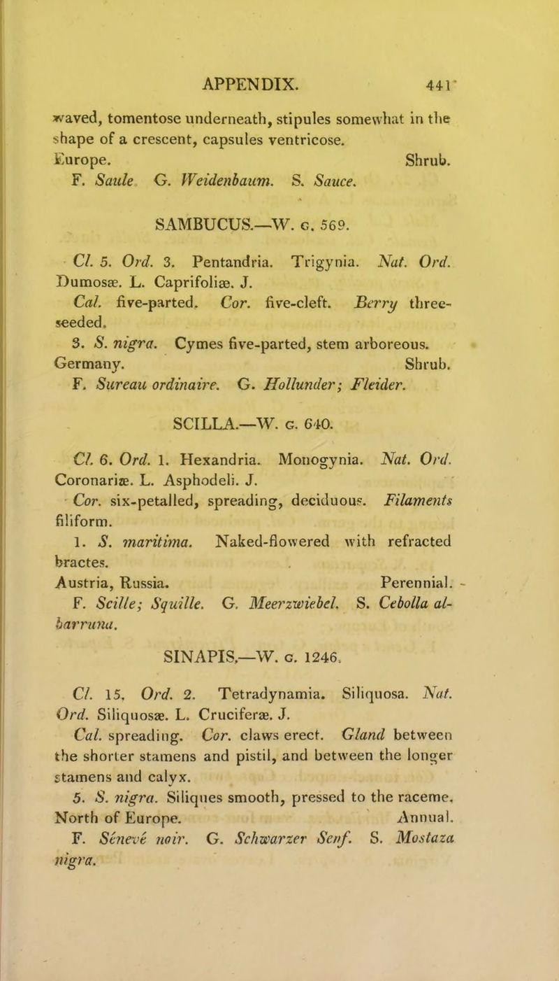 waved, tomentose underneath, stipules somewhat in the •shape of a crescent, capsules ventricose. Europe. Shrub. F. Saule G. Weidenbaum. S. Sauce. SAMBUCUS.—W. g. 569. Cl. 5. Ord. 3. Pentandria. Trigynia. Nat. Ord. Dumosa?. L. Caprifoliae. J. Cal. five-parted. Cor. five-cleft. Berry three- seeded. 3. S. nigra. Cymes five-parted, stem arboreous. Germany. Shrub. F, Sureau ordinaire. G. Hollunder; Fleider. SCILLA.—W. g. 640. Cl. 6. Ord. 1. Hexandria. Monogvnia. Nat. Ord. O./ CoronarizE. L. Asphodel). J. Cor. six-petalled, spreading, deciduous. Filaments filiform. 1. S. maritima. Naked-flowered with refracted bractes. Austria, Russia. Perennial. - F. Scitle; Squille. G. Meerzwiebel. S. Cebolla al- barruna. SINAPIS—W. g. 1246, Cl. 15. Ord. 2. Tetradynamia. Sihquosa. Nat. Ord. Siiiquosae. L. Cruciferae. J. Cal. spreading. Cor. claws erect. Gland between the shorter stamens and pistil, and between the longer stamens and calyx. 5. S. nigra. Siliques smooth, pressed to the raceme. North of Europe. Annual. F. Stnevt nair. G. Schwarzer Seif. S. Mostaza nigra.
