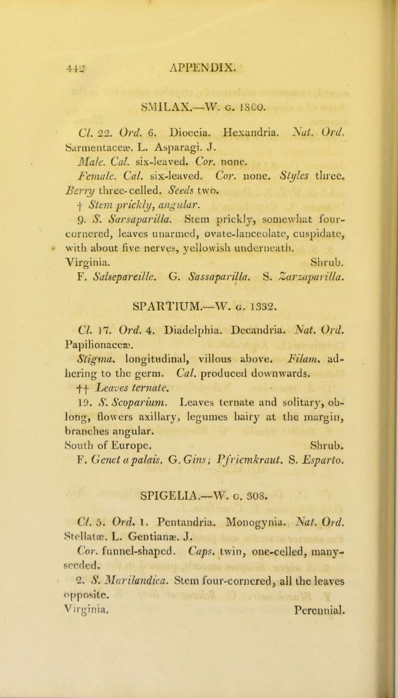 SMILAX.—W. g. ! SCO. Cl. 22. Orel. 6. Dioccia. Hexandria. A at. Ord. Sarmentacea?. L. Asparagi. J. Male. Cal. six-!eaved. Cor. none. Female. Cal. six-leaved. Cor. none. Styles three. Berry three-celled. Seeds two. j Stem prickly, angular. 9. S. Sarsaparilla. Stem prickly, somewhat four- cornered, leaves unarmed, ovate-lanceolate, cuspidate, with about five nerves, yellowish underneath. Virginia. Shrub. F. Salsepareille. G. Sassaparilla. S. Zarzaparilla. SPARTIUM.—W. g. 1332. Cl. 17. Ord. 4. Diadelphia. Decandria. Nut. Ord. Papilionacea?. Stigma, longitudinal, villous above. Filam. ad- hering to the germ. Cal. produced downwards, ft 1 jcavcs temate. 19. S. Scoparium. Leaves ternate and solitar}', ob- long, flowers axillary, legumes hairy at the margin, branches angular. South of Europe. Shrub. F. Genet a palais. G .Gins; Pfricmkraut. S. Esparto. SPIGELIA.—W. g. 308. Cl. 5. Ord. 1. Pentandria. Monogynia. Nat. Ord. Strllatae. L. Gentian*. J. Cor. funnel-shaped. Caps, twin, one-celled, many- seeded. 2. .S'. Manlandica. Stem four-cornered, all the leaves opposite. Virginia. Perennial.