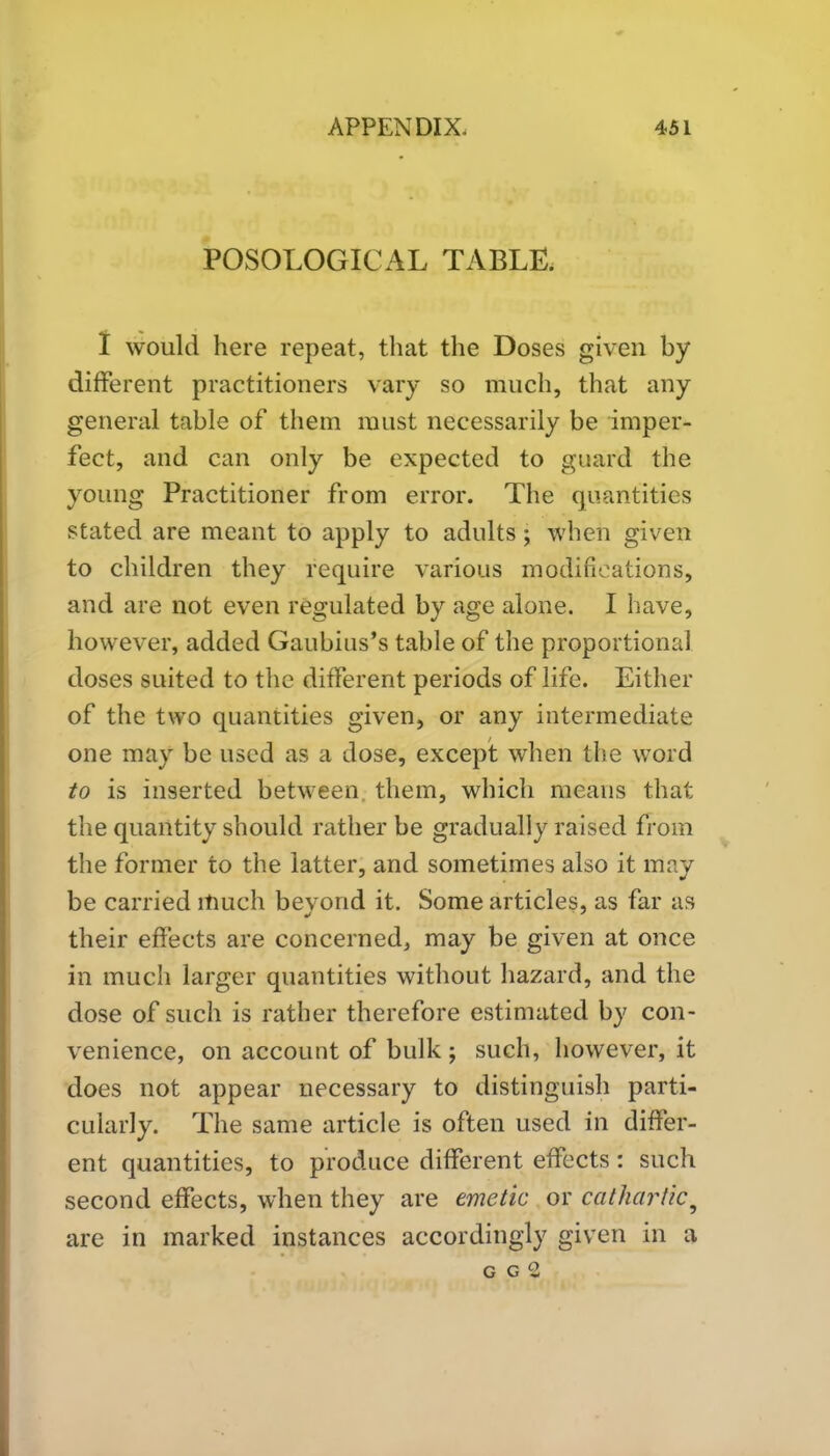 POSOLOGICAL TABLE. I would here repeat, that the Doses given by different practitioners vary so much, that any general table of them must necessarily be imper- fect, and can only be expected to guard the young Practitioner from error. The quantities stated are meant to apply to adults; when given to children they require various modifications, and are not even regulated by age alone. I have, however, added Gaubius’s table of the proportional doses suited to the different periods of life. Either of the two quantities given, or any intermediate one may be used as a dose, except when the word to is inserted between them, which means that the quantity should rather be gradually raised from the former to the latter, and sometimes also it may be carried much bevond it. Some articles, as far as their effects are concerned, may be given at once in much larger quantities without hazard, and the dose of such is rather therefore estimated by con- venience, on account of bulk ; such, however, it does not appear necessary to distinguish parti- cularly. The same article is often used in differ- ent quantities, to produce different effects: such second effects, when they are emetic or cathartic9 are in marked instances accordingly given in a G G 2
