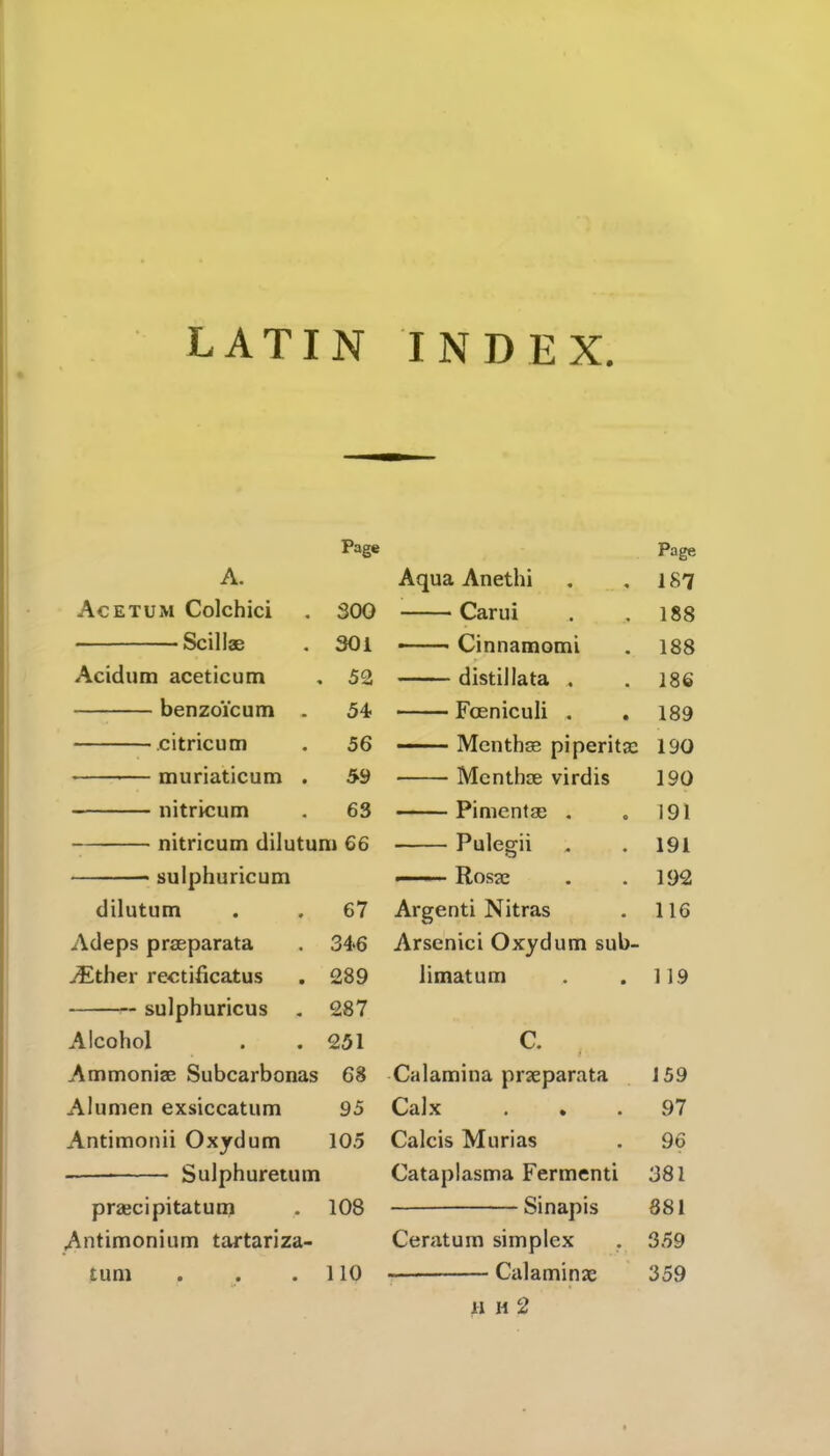 LATIN INDEX Page Page A. Aqua Anethi 187 Acetum Colchici 300 Carui 188 Sciliae 301 Cinnamomi 188 Acidum aceticum 52 distillata , 186 benzoicum . 54 Fceniculi . 189 citricum 56 Menthas piperitx 190 — muriaticum . 59 Mcnthse virdis 190 nitricum 63 Pimcntae . 191 nitricum dilutum 66 Pulegii 191 sulphuricum ■ Rosae 192 dilutum 67 Argenti Nitras 116 Adeps prseparata 34*6 Arsenici Oxydum sub- ^Ether rectificatus 289 limatum 119 sulpburicus . 287 Alcohol 251 C. Ammoniae Subcarbonas 68 Calamina praeparata 159 Alumen exsiccatum 95 Calx 97 Antimonii Oxydum 105 Calcis Murias 96 -— Sulphuretum Cataplasma Fermenti 381 praecipitatum 108 Sinapis 881 Antimonium tartariza- Ceratum simplex 359 turn 110 Calaminae 359 il H 2