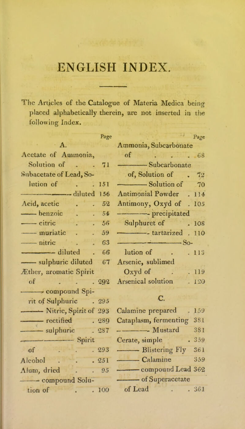ENGLISH INDEX The Articles of the Catalogue of Materia Medica being placed alphabetically therein, are not inserted in the following Index. A. Page Acetate of Ammonia, Solution of . .71 Subacetate of Lead, So- lution of . . 151 diluted 156 Acid, acetic benzoic citric muriatic nitric 52 54 56 59 63 diluted . 66 sulphuric diluted 67 Atther, aromatic Spirit of ... 292 r compound Spi- rit of Sulphuric . 295 Nitric, Spirit of 293 rectified . 289 sulphuric . 287 Spirit of . . . 293 Alcohol . . .251 Alum, dried . . 95 compound Solu- tion of . .100 Page Ammonia, Subcarbonate of ... 68 Subcarbonate of, Solution of . 72 Solution of 70 Antimonial Powder . 114 Antimony, Oxyd of . 105 precipitated Sulphuret of . 108 • tartarized . 110 So- lution of . .113 Arsenic, sublimed Oxyd of . .119 Arsenical solution . 120 C. Calamine prepared . 159 Cataplasm, fermenting 381 Mustard 381 Cerate, simple . 359 Blistering Fly 361 Calamine 359 compound Lead 362 of Superacctate of Lead . .361
