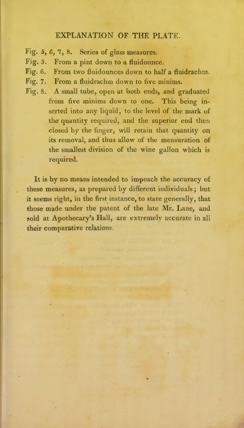EXPLANATION OF THE PLATE Fig. 5, 6, 7, 8. Series of glass measures. Fig. 5. From a pint down to a fluidounce. Fig. 6. From two fluidounces down to half a fluidrachm. Fig. 7- From a fluidrachm down to five minims. Fig. 8. A small tube, open at both ends, and graduated from five minims down to one. This being in- serted into any liquid, to the level of the mark of the quantity required, and the superior end then closed by the finger, will retain that quantity on its removal, and thus allow of the mensuration of the smallest division of the wine gallon which is required. It is by no means intended to impeach the accuracy of these measures, as prepared by different individuals; but it seems right, in the first instance, to state generally, that those made under the patent of the late Mr. Lane, and sold at Apothecary’s Hall, are extremely accurate in all their comparative relations