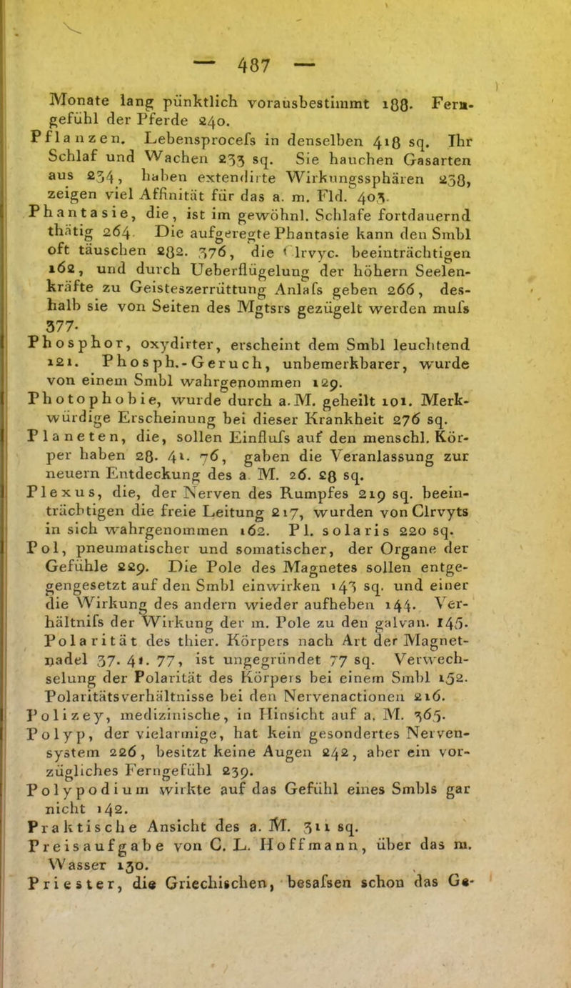 Monate lang pünktlich vorausbestimmt lOQ* Fera- gefühl der Pferde 240. Pflanzen, Lebensprocefs in denselben 4*8 sq. Ihr Schlaf und Wachen 253 sq. Sie hauchen Gasarten aus 234 5 haben extendirte Wirkungssphären 258, zeigen viel Affinität für das a. m. Fld. 40,3. Phantasie, die, ist im gewöhnl. Schlafe fortdauernd thätig 264 Die aufgeregte Phantasie kann den Smbl oft täuschen 2(}2. 376, die ^ Irvyc. beeinträchtigen 1Ö2, und durch Ueberflügelung der hohem Seelen- kräfte zu Geisteszerrüttung Anlafs geben 26Ö, des- halb sie von Seiten des Mgtsrs gezügelt werden muls . 377. Phosphor, oxydirter, erscheint dem Smbl leuchtend i2i. Phosph.-Geruch, unberaerkbarer, wurde von einem Smbl wahrgenommen 129, I Photophobie, wurde durch a.M. geheilt 101. Merk- i würdige Erscheinung bei dieser Krankheit 276 sq. Planeten, die, sollen Einflufs auf den menschl. Kör- per haben 28. 4^- 7^, gaben die Veranlassung zur neuern Entdeckung des a M. 26. 2ß sq. Plexus, die, der Nerven des Rumpfes 219 sq. beein- I trächtigen die freie Leitung 217, wurden von Clrvyts ' in sich wahrgenommen 162. PI. solaris 22o sq. Pol, pneumatischer und somatischer, der Organe der Gefühle 229. Die Pole des Magnetes sollen entge- gengesetzt auf den Smbl einwirken »43 sq. und einer ! die Wirkung des andern wieder aufheben i44* Ver- hältnifs der Wirkung der m. Pole zu den galvan. 145* ^ Polarität des thier. Körpers nach Art der Magnet- nadel 37. 41. 77, ist ungegründet 77 sq. Verwech- selung der Polarität des Körpers bei einem Smbl ißz. PolaritätsVerhältnisse bei den Nervenactionen 216. Polizey, medizinische, in Hinsicht auf a. M. 3Ö'5- Polyp, der vielannige, hat kein gesondertes Nerven- system 22Ö, besitzt keine Augen 242, aber ein vor- zügliches Ferngefühl 239. Polypodium wirkte auf das Gefühl eines Smbls gar nicht 142. Praktische Ansicht des a. M. 311 sq. Preisaufgabe von C. L. H o f f m a n n , über das ra. W asser 130. Priester, die Griechischen, • besafsen schon das Ge*