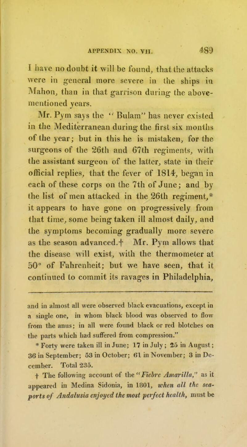 I have no doubt it will be found, that the attacks were in general more severe in the ships in Mahon, than in that garrison during the above- mentioned years. Mr. Pym says the ‘f Bulam” has never existed in the Mediterranean during the first six months of the year; but in this he is mistaken, for the surgeons of the 26th and 67th regiments, with the assistant surgeon of the latter, state in their official replies, that the fever of 1814, began in each of these corps on the 7th of June; and by the list of men attacked in the 26th regiment,* * it appears to have gone on progressively from that time, some being taken ill almost daily, and the symptoms becoming gradually more severe as the season advanced.f Mr. Pym allows that the disease will exist, with the thermometer at 50° of Fahrenheit; but we have seen, that it continued to commit its ravages in Philadelphia, and in almost all were observed black evacuations, except in a single one, in whom black blood was observed to flow from the anus; in all were found black or red blotches on the parts which had suffered from compression.” * Forty were taken ill in June; 17 in July; 25 in August; 36 in September; 53 in October; 61 in November; 3 in De- cember. Total 235. f The following account of the “ Ficbre Amarilla ” as it appeared in Medina Sidonia, in 1801, when all the sea- ports of Andalusia enjoyed the most perfect health, must be