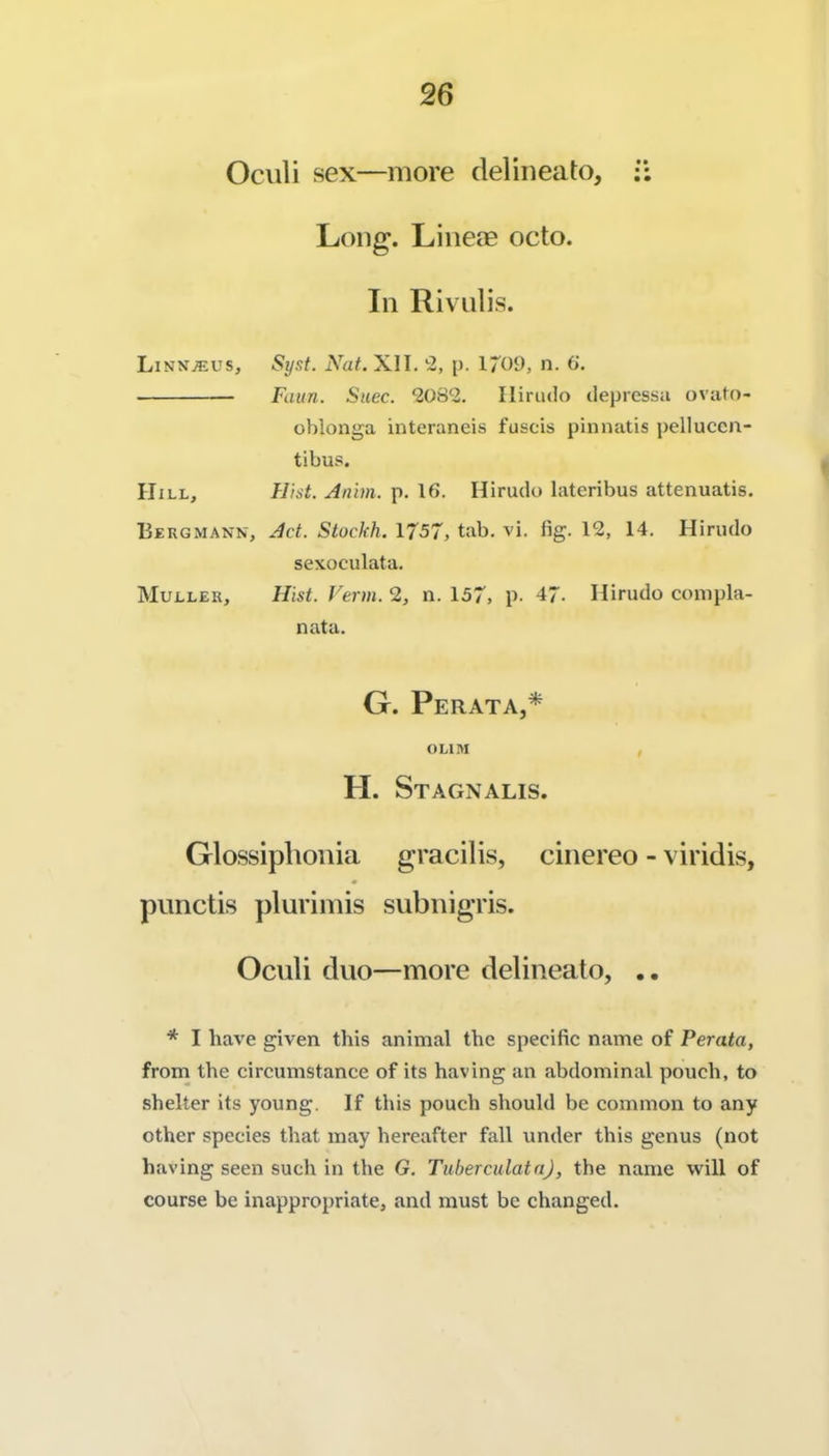 Oculi sex—more delineato, •; Long. Liiieoe octo. In Rivulis. Linn.®us, Syst. Nat. XII. 2, p. 1709, n. G. Faun. Suec. 2082. Ilirudo depressa ovato- oblonga interaneis fuscis pinnatis pellucen- tibus. , Hill, Hist. Anim. p. 16. Hirudo lateribus attenuatis. Bergmann, Act. Stockh. 1757, tab. vi. fig. 12, 14. Hiriulo Muller, sexoculata. Hist. Verm. 2, n. 157, p- 47. Hirudo compla- nata. G. Perata,* OLIM , H. Stagnalis. Glossiplioilia gracilis, ciiiereo - viridis, punctis plurimis subiiigris. Oculi duo—more delineato, .. ■* I have given this animal the specific name of Perata, from the circumstance of its having an abdominal pouch, to shelter its young. If this pouch should be common to any other species that may hereafter fall under this genus (not having seen such in the G. TuherculataJ, the name will of course be inappropriate, and must be changed.