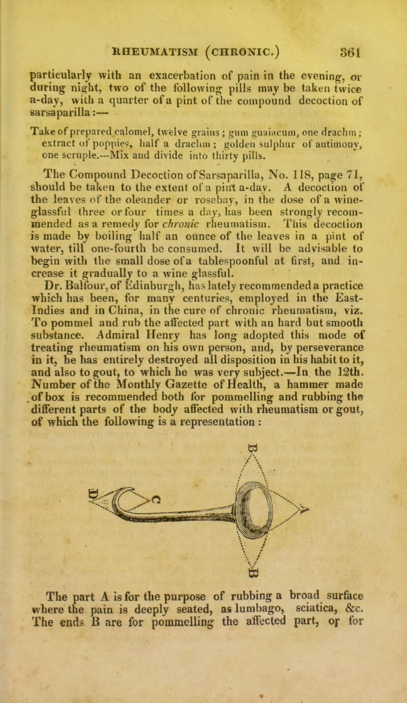 particularly with an exacerbation of pain in the evening, or during night, two of the following pills may be taken twice a-day, with a quarter of a pint of the compound decoction of sarsaparilla:— Take of prepared calomel, twelve grains ; gum guaiacum, one drachm; extract of poppies, half a drachm ; golden sulplinr of antimony, one scruple.—Mix and divide into thirty pills. The Compound Decoction of Sarsaparilla, No. 118, page 71, should be taken to the extent of a pint a-day. A decoction of the leaves of the oleander or roseb.iy, in the dose of a wine- glassful three or four times a day, has been strongly recom- mended as a remedy for rheumatism. This decoction is made by boiling half an ounce of the leayes in a pint of water, till one-fourth be consumed. It will be advisable to begin with the small dose of a tablespoonful at first, and in- crease it gradually to a wine glassful. Dr. Balfour, of Edinburgh, has lately recommended a practice which has been, for many centuries, employed in the East- Indies and in China, in the cure of chronic rheumatism, viz. To pommel and rub the affected part w ith an hard but smooth substance. Admiral Henry has long adopted this mode of treating rheumatism on his own person, and, by perseverance in it, he has entirely destroyed all disposition in his habit to it, and also to gout, to which he was very subject.—In the 12th. Number of the Monthly Gazette of Health, a hammer made , of box is recommended both for pommelling and rubbing the different parts of the body affected with rheumatism or gout, of which the following is a representation ; W The part A is for the purpose of rubbing a broad surface where the pain is deeply seated, as lumbago, sciatica, &c. The ends B are for pommelling the affected part, op for