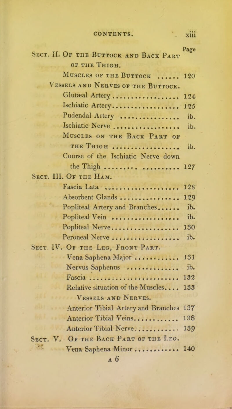 Sect. II. Of the Buttock and Back Part OF THE Thigh. Muscles of the Buttock 120 Vessels and Nerves of the Buttock. GIutaeal Artery 124 Ischiatic Artery 125 Pudendal Artery ib. Ischiatic Nerve ib. Muscles on the Back Part of THE Thigh ib. Course of the Ischiatic Nerve down the Thigh 127 Sect. III. Of the Ham. Fascia Lata 128 Absorbent Glands 129 Popliteal Artery and Branches ib. Popliteal Vein ib. Popliteal Nerve 130 Peroneal Nerve ib. Sect. IV. Of the Leg, Front Part. Vena Saphena Major 131 Nervus Saphenus ib. Fascia 132 Relative situation of the Muscles.... 133 Vessels and Nerves. Anterior Tibia! Artery and Branches 137 Anterior Tibial Veins 138 Anterior Tibial Nerve 139 Sect. V. Of the Back Part of the Leg. Vena Saphena Minor 140