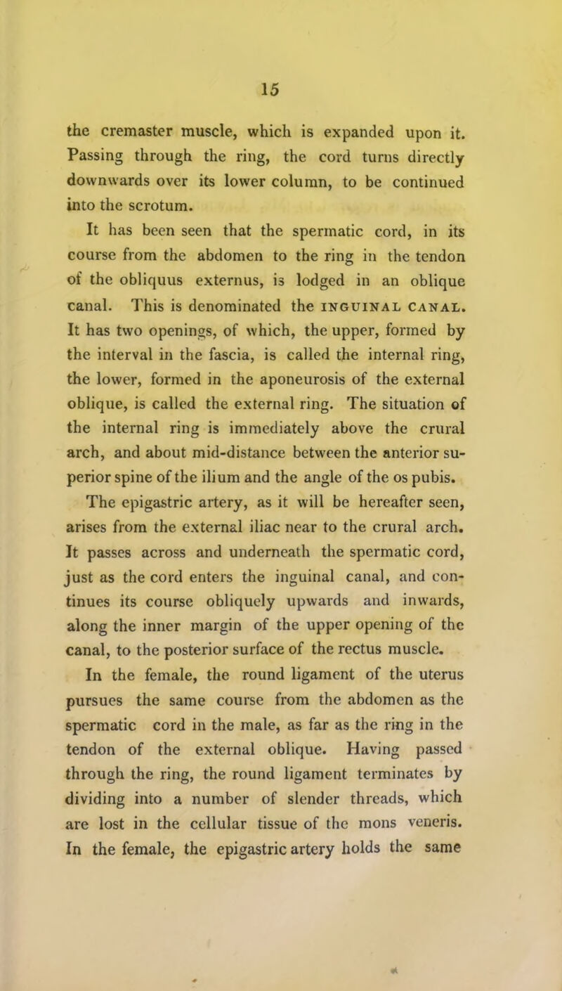 the cremaster muscle, which is expanded upon it. Passing through the ring, the cord turns directly downwards over its lower column, to be continued into the scrotum. It has been seen that the spermatic cord, in its course from the abdomen to the ring in the tendon of the obliquus externus, is lodged in an oblique canal. This is denominated the inguinal canal. It has two openings, of which, the upper, formed by the interval in the fascia, is called the internal ring, the lower, formed in the aponeurosis of the external oblique, is called the external ring. The situation of the internal ring is immediately above the crural arch, and about mid-distance between the anterior su- perior spine of the ilium and the angle of the os pubis. The epigastric artery, as it will be hereafter seen, arises from the external iliac near to the crural arch. It passes across and underneath the spermatic cord, just as the cord enters the inguinal canal, and con- tinues its course obliquely upwards and inwards, along the inner margin of the upper opening of the canal, to the posterior surface of the rectus muscle. In the female, the round ligament of the uterus pursues the same course from the abdomen as the spermatic cord in the male, as far as the ring in the tendon of the external oblique. Having passed through the ring, the round ligament terminates by dividing into a number of slender threads, which are lost in the cellular tissue of the mons veneris. In the female, the epigastric artery holds the same 0k