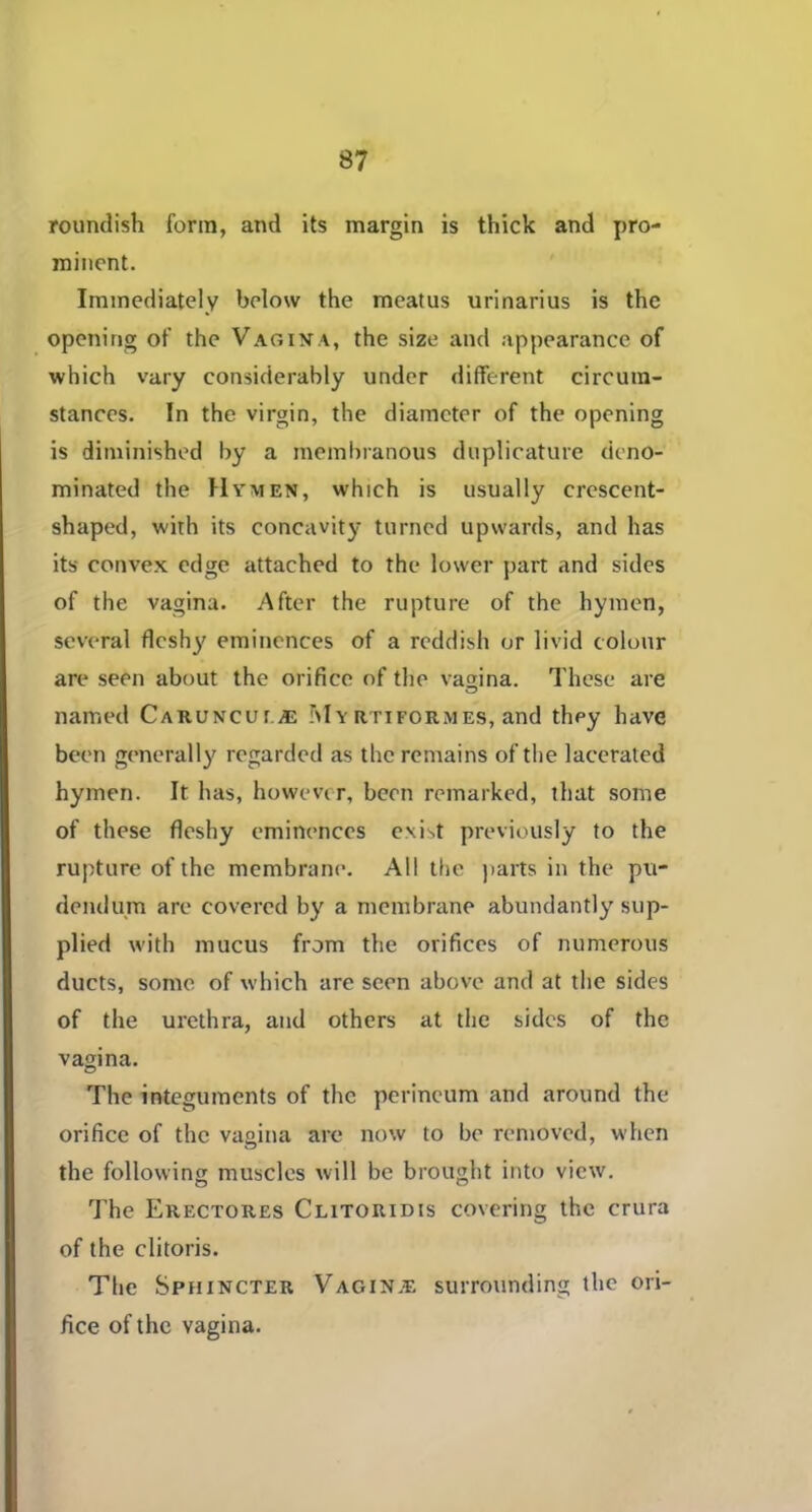 roundish form, and its margin is thick and pro- minent. Immediately below the meatus urinarius is the opening of the Vaoina, the size and appearance of which vary considerably under different circum- stances. In the virgin, the diameter of the opening is diminished by a membranous duplicature deno- minated the Hymen, which is usually crescent- shaped, with its concavity turned upwards, and has its convex edge attached to the lower part and sides of the vagina. After the rupture of the hymen, several flesh)' eminences of a reddish or livid colour are seen about the orifice of the vagina. These are named CARUNCur .®: Mv rtiformes, and they have been generally regarded as the remains of the lacerated hymen. It has, however, been remarked, that some of these fleshy eminences exist previously to the rupture of the membrane. All the parts in the pu- dendum are covered by a membrane abundantly sup- plied with mucus from the orifices of numerous ducts, some of which are seen above and at the sides of the urethra, and others at the sides of the vagina. The integuments of the perineum and around the orifice of the vagina are now to be removed, when the following muscles will be brought into view. The Erectores Clitoridis covering the crura of the clitoris. The Sphincter Vagin.e surrounding the ori- fice of the vagina.