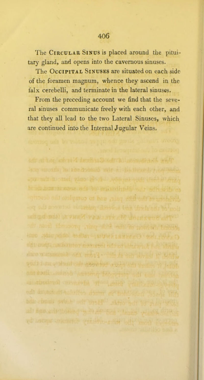 The Circular Sinus is placed around the pitui- tary gland, and opens into the cavernous sinuses. The Occipital Sinuses are situated on each side of the foramen magnum, whence they ascend in the falx cerebelli, and terminate in the lateral sinuses. From the preceding account we find that the seve- ral sinuses communicate freely with each other, and that they all lead to the two Lateral Sinuses, which are continued into the Internal Jugular Veins.