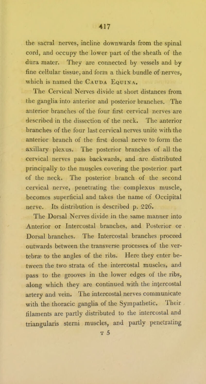 the sacral nerves, incline downwards from the spinal cord, and occupy the lower part of the sheath of the dura mater. They are connected by vessels and by fine cellular tissue, and form a thick bundle of nerves, which is named the Cauda Equina. The Cervical Nerves divide at short distances from the ganglia into anterior and posterior branches. The anterior branches of the four first cervical nerves are described in the dissection of the neck. The anterior branches of the four last cervical nerves unite with the anterior branch of the first dorsal nerve to form the axillary plexus. The posterior branches of all the cervical nerves pass backwards, and are distributed principally to the muscles covering the posterior part of the neck. The posterior branch of the second cervical nerve, penetrating the coraplexus muscle, becomes superficial and takes the name of Occipital nerve. Its distribution is described p. 226. The Dorsal Nerves divide in the same manner into Anterior or Intercostal branches, and Posterior or Dorsal branches. The Intercostal branches proceed outwards between the transverse processes of the ver- tebrae to the angles of the ribs. Here they enter be- tween the two strata of the intercostal muscles, and pass to the grooves in the lower edges of the ribs, along w'hich they are continued with the intercostal artery and vein. The intercostal nerves communicate with the thoracic ganglia of the Sympathetic. Their filaments are partly distributed to the intercostal and triangularis sterni muscles, and partly penetrating