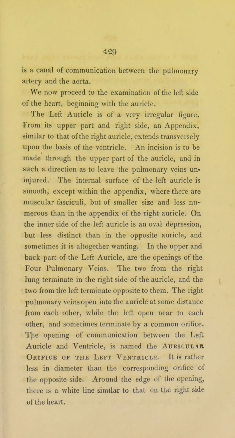 is a canal of communication between the pulmonary artery and the aorta. We now proceed to the examination of the left side of the heart, beginning with the auricle. The Left Auricle is of a very irregular figure. From its upper part and right side, an Appendix, similar to that of the right auricle, extends transversely upon the basis of the ventricle. An incision is to be t made through the upper part of the auricle, and in such a direction as to leave the pulmonary veins un* injured. The internal surface of the left auricle is smooth, except within the appendix, where there are muscular fasciculi, but of smaller size and less nu- merous than in the appendix of the right auricle. On the inner side of the left auricle is an oval depression, but less distinct than in the opposite auricle, and sometimes it is altogether wanting. In the upper and back part of the Left Auricle, are the openings of the Four Pulmonary Veins. The two from the right lung terminate in the right side of the auricle, and the two from the left terminate opposite to them. The right pulmonary veins open into the auricle at some distance from each other, while the left open near to each other, and sometimes terminate by a common orifice. Tfie opening of communication between tlie Left Auricle and Ventricle, is named the Auricular Orifice of the Left Ventricle. It is rather less in diameter than the corresponding orifice of the opposite side. Around the edge of the opening, there is a white line similar to that on the right side of the heart.