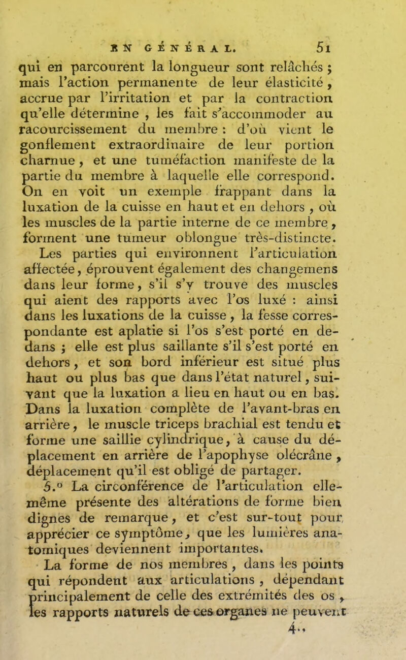 qui en parcourent la longueur sont relâchés ; mais Faction permanente de leur élasticité , accrue par l’irritation et par la contraction qu’elle détermine , les fait s^accommoder au racourcissement du membre : d’où vient le gonflement extraordinaire de leur portion charnue , et une tuméfaction manifeste de la partie du membre à laquelle elle correspond. On en voit un exemple frappant dans la luxation de la cuisse en haut et en dehors , où les muscles de la partie interne de ce membre , forment une tumeur oblongue très-distincte. Les parties qui environnent Farticulation affectée, éprouvent également des changemens dans leur forme, s’il s’v trouve des muscles qui aient des rapports avec l’os luxé : ainsi dans les luxations de la cuisse , la fesse corres- pondante est aplatie si l’os s’est porté en de- dans ; elle est plus saillante s’il s’est porté en dehors, et son bord inférieur est situé plus haut ou plus bas que dans l’état naturel, sui- vant que la luxation a lieu en haut ou en bas. Dans la luxation complète de l’avant-bras en arrière, le muscle triceps brachial est tendu et forme une saillie cylindrique, à cause du dé- placement en arrière de l’apophyse olécrane , déplacement qu’il est obligé de partager. 5.® La circonférence de rarticulation elle- même présente des altérations de forme bien dignes de remarque, et c’est sur-tout pour, apprécier ce symptôme^ que les lumières ana- tomiques deviennent importantes. La forme de nos membres , dans les points qui répondent aux articulations , dépendant Ï)rincipaiement de celle des extrémités des os , es rapports naturels de ces organes ne peuvent 4-