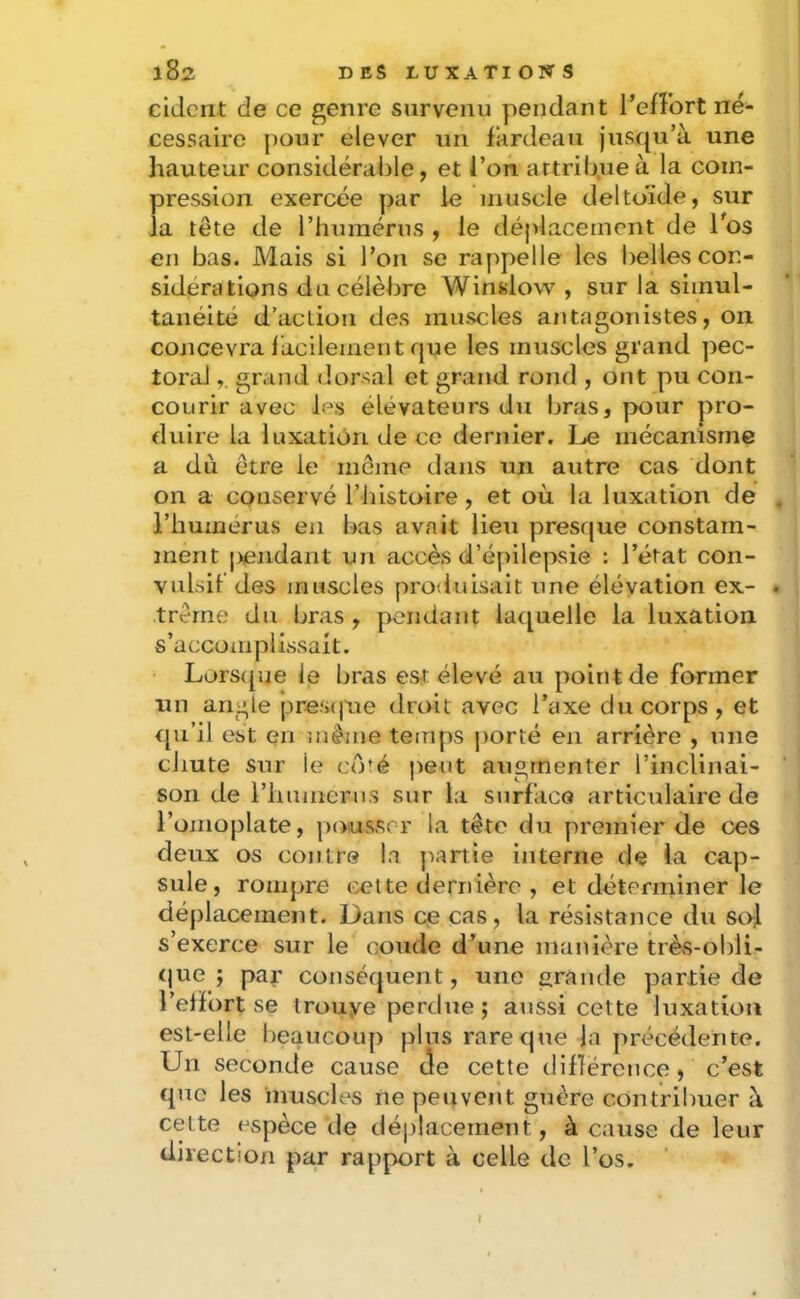 clJciit de ce genre survenu pendant l’efFort né- cessaire pour elever un fardeau jusqu’à une hauteur considérable, et l’on artrib.ue à la com- pression exercée par le muscle deltoïde, sur la tête de l’humérus , le déplacement de l'os en bas. Mais si l’on se rappelle les belles con- sidérations du célèbre Winslow , sur la simul- tanéité d’aclioii des muscles antagonistes, on cojicevra làcileinent que les muscles grand pec- toral grand dorsal et grand rond , ont pu con- courir avec les élévateurs du bras, pour pro- duire la luxation de ce dernier. Le mécanisme a du être le môme dans un autre cas dont on a conservé l’histoire, et où la luxation de l’humérus en bas avait lieu presque constam- ment |>endant un accès d’épilepsie : l’état con- vulsit des muscles produisait une élévation ex- trême dn bras , pendant laquelle la luxation s’accomplissait. Lors([ue le bras est élevé au point de former un angle [)res<|Ue droit avec l’axe du corps, et qu’il est en même temps porté en arrière , une chute sur le cô*é peut augmenter l’inclinai- son de riinmerns sur la surface articulaire de l’omoplate, pousser la tête du premier de ces deux os contre la partie interne de ia cap- sule, rompre (oelte dernière , et déterminer le déplacement. Dans ce cas, la résistance du st>Jl s’exerce sur le coude d’une manière très-obli- que ; par conséquent, une erande parJtie de l’elfort se trouye perdue ; aussi cette luxation est-elle beaucoup plus rare que la précédente. Un seconde cause Je cette difïërcnce, c’est que les muscles ne peuvent guère contribuer à celte espèce de déplacement, à cause de leur direction par rapport à celle de l’os. I