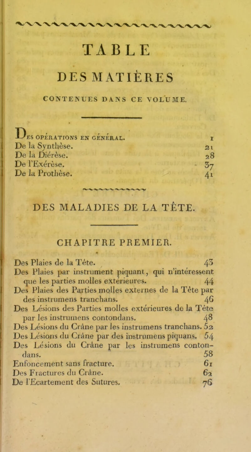 TABLE DES MATIÈRES CONTENUES DANS CE VOLUME. T) ' J-^£S OPERATIONS EN GENERAL. I De la Synthèse. 21 De la Diérèse. 28 De l’Exérèse. - 37 De la Prothèse. 41 DES MALADIES DE LA TETE. CHAPITRE PREMIER. Des Plaies de la Tête. ^ 4^ Des Plaies par instrument piquant, qui n’intéressent que les parties molles extérieures. 44 Des Plaies des Parties molles externes de la Tète par des instrumens tranchans. 4^ Des Lésions des Parties molles extérieures de la Tête par les instrumens contondans. 4^ Des Lésions du Crâne par les instrumens tranchans. Sz Des Lésions du Crâne par des instrumens piquans. 54 Des Lésions du Crâne par les instrumens conton- dans. 58 Enfoncement sans fracture. 6i Des Fractures du Crâne. 6a De l’Ecartement des Sutures. 76
