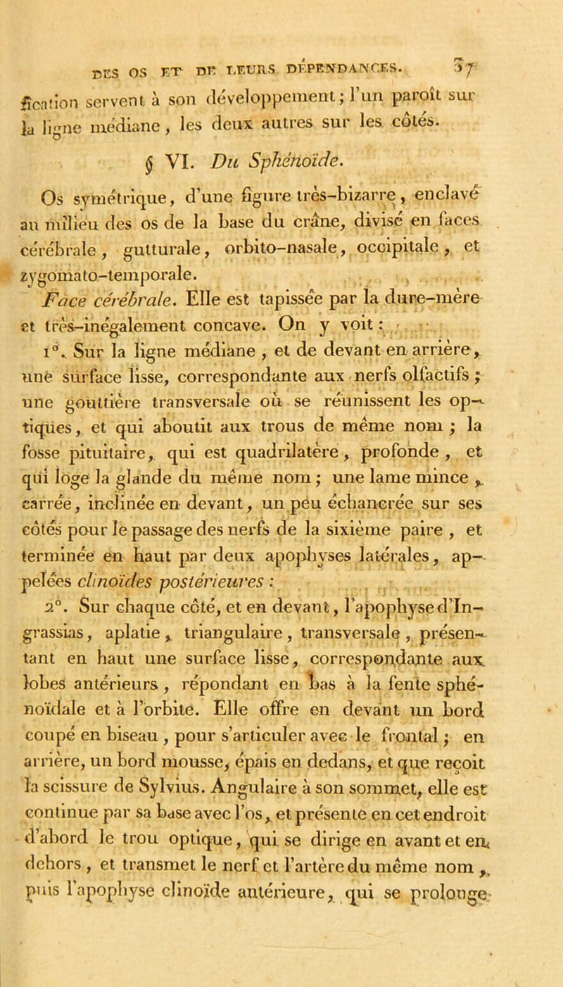 fîcntion servent à son développenient ; l’un paroît sur la ligne médiane, les deux autres sur les cotes. $ VI. Du Sphénoïde. Os synietrique, d’une figure très-bizarre, enclave au ïnîlieu des os de la base du crâne, divise en (aces cérébrale, gutturale, orbito-nasale, occipitde, et zy gomato-temporale. Face cérébrale. Elle est tapissée par la dure-mère et très-inégalement concave. On y voit: 1°. Sur la ligne médiane , et de devant en arrière, une surface lisse, correspondante aux nerfs olfactifs ; une gouttière transversale ou se réunissent les op-^ tiqiies, et qui aboutit aux trous de meme nom ; la fosse pituitaire, qui est quadrilatère, profonde, et qui loge la glande du même nom ; une lame mince ,, carrée, inclinée en devant, un péu écbanerée sur ses côtés pour le passage des nerfs de la sixième paire , et terminée en haut par deux apophyses latérales, ap- pelées clinoïdes postérieures : 2°. Sur chaque côté, et en devant, l’apophyse d’In- grassùis, aplatie , triangulaire , transversale , présen- tant en haut une surface lisse, correspondante aux. lobes antérieurs, répondant en bas à la fente sphé- noïdale et à l’orbite. Elle offre en devant un bord coupé en biseau , pour s’articuler avec le frontal ; en arrière, un bord mousse, épais en dedans, et que reçoit la scissure de Sylvius. Angulaire à son sommet, elle est continue par sa base avec l’os , et présente en cet endroit d’abord le trou optique, qui se dirige en avant et em dehors , et transmet le nerf et l’artère du même nom ,, puis 1 apophyse clinoïde antérieure, qui se prolonge.