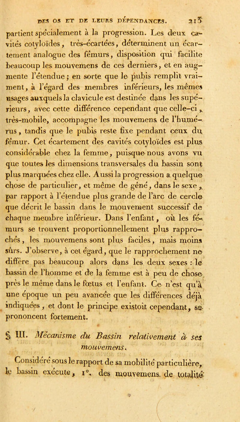 partîent spécialement à la progression. Les deux ca- vités cotyloïdes, très-écartées, déterminent un écar- tement analogue des fémurs, disposition qui facilite beaucoup les mouvemens de ces derniers, et en aug- mente l’étendue j en sorte que le pubis remplit vrai- ment, à l’égard des membres inférieurs, les mêmes usages auxquels la clavicule est destinée dans les supé- rieurs , avec cette différence cependant que celle-ci,, très-mobile, accompagne les mouvemens de l’humé- rus , tandis que le pubis reste fixe pendant ceux du fémur. Cet écartement des cavités cotyloïdes est plus Gonsidéi’able chez la femme, puisque nous avons vu que toutes les dimensions transversales du bassin sont plus marquées chez elle. Aussi la progression a. quelque chose de particulier, et même de gêné, dans le sexe par rapport à l’étendue plus grande de l’arc de cercle que décrit le bassin dans le mouvement successif de chaque membre inférieur. Dans l’enfant, où les fé-i murs se trouvent proportionnellement plus rappro- chés, les mouvemens sont plus faciles, mais moin» surs. J’observe, à cel égard, que le rapprochement ne diffère pas beaucoup alors dans les deux sexes : le bassin de Thomme et de la femme est à peu de chose, près le même dans le fœtus et l’enfant. Ce n’est qu’à une époque im peu avancée que les différences déjà indiquées, et dont le principe exiçtoit cependant, se- prononcent fortement. ê § III. Mécanisme du Bassin relativement à- ses mouvemens. Considéré sous le rapport de sa mobilité particulière, le bassin exécute, i°, des mouvemens. de loialUo