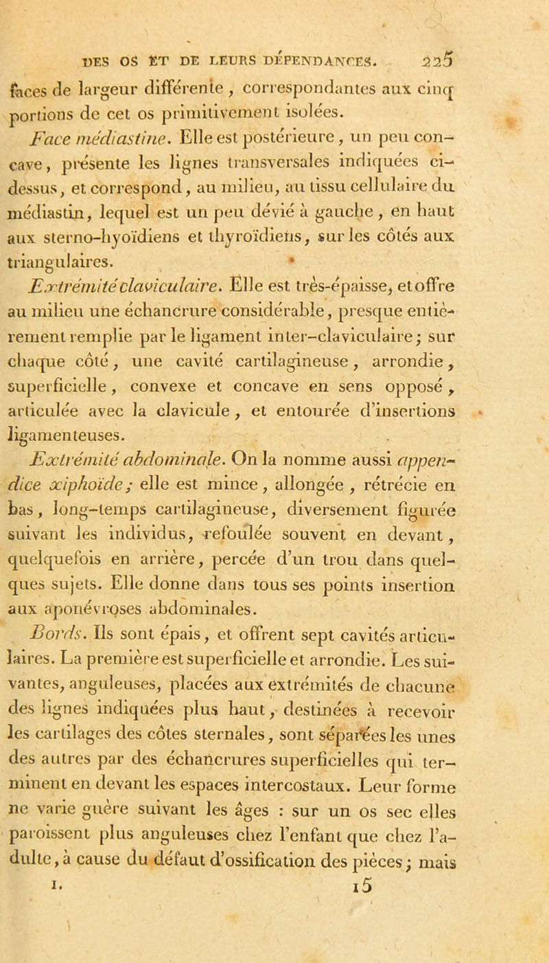 faces (le largeur differenle , correspondantes aux ciiK[ portions de cet os primitivement isolëes. Face niédiastine. Elle est postérieure, un peu con- cave, présente les lignes transversales indiquées ci- dessus, et correspond, au milieu, au tissu cellulaire du niédiastin, lequel est un peu dévié à gauche , en haut aux sterno-hyoïdiens et thyroïdiens, sur les côtés aux triangulaires. • Extrémité claviculaire. Elle est très-épaisse, etoffre au milieu une échancrure considérable, presque entiè- rement remplie par le ligament inter-claviculaire; sur chaque côté, une cavité cartilagineuse, arrondie, superficielle, convexe et concave en sens opposé, articulée avec la clavicule, et entourée d’insertions ligamenteuses. Extrémité abdominale. On la nomme aussi appen- dice xiphoide; elle est mince, allongée , rétrécie en bas, long-temps cartilagineuse, diversement figurée suivant les individus, refoulée souvent en devant, quelquefois en arrière, percée d’un trou dans quel- ques sujets. Elle donne dans tous ses points insertion aux aponévroses abdominales. Bords. Ils sont épais, et offrent sept cavités articu- laires. La première est supei ficielle et arrondie. Les sui- vantes, anguleuses, placées aux extrémités de chacune des lignes indiquées plus haut, destinées à recevoir les cartilages des côtes sternales, sont sépai'ées les unes des autres par des échancrures superficielles qui ter- minent en devant les espaces intercostaux. Leur forme ne varie guere suivant les âges : sur un os sec elles paroissent plus anguleuses chez l’enfant que chez l’a- dulte, à cause du défaut d’ossification des pièces; mais i5 I.