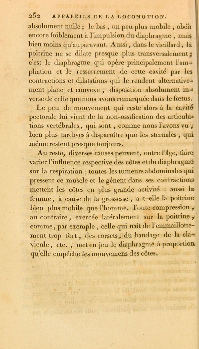 absolument nulle ; le bas , un peu plus mobile , obéit encore foiblement à l’impulsion du diaphragme , mais , bien moins qu’auparavant. Aussi, dans le vieillard, la poitrine ne se dilate presque plus transversalement ; c’est le diaphragme qui opère principalement l’am- pliation et le resserrement de cette cavité par les contractions et dilatations qui le rendent alternative- ment plane et convexe , disposition absolument in- verse de celle que nous avons remarquée dans le fœtus. Le peu de mouvement qui reste alors à la cavité pectorale lui vient de la non-ossification des articula- tions vertébrales, qui sont , comme nous l’avons vu y bien plus tardives à disparoître que les sternales, qui même restent presque toujours. Au reste, diverses causes peuvent, outre l’êge, faire varier l’influence respective des côtes et du diaphragmé sur la respiration: toutes les tumeurs abdominales qui pressent ce muscle et le gênent dans ses contractions mettent les côtes en plus grande activité : aussi la femme, à cause de la grossesse , a-t-elle la poitrine bien plus mobile que l’homme. Toute compression , au contraire, exercée latéralement sur la poitrine, comme, par exemple , celle qui naît de l’emmaillotte- ment trop fort, des corsets, du bandage de la cla- vicule , etc. , met en jeu le diaphragmé à proportioa qu’elle empêche les mouvemens des côtes,