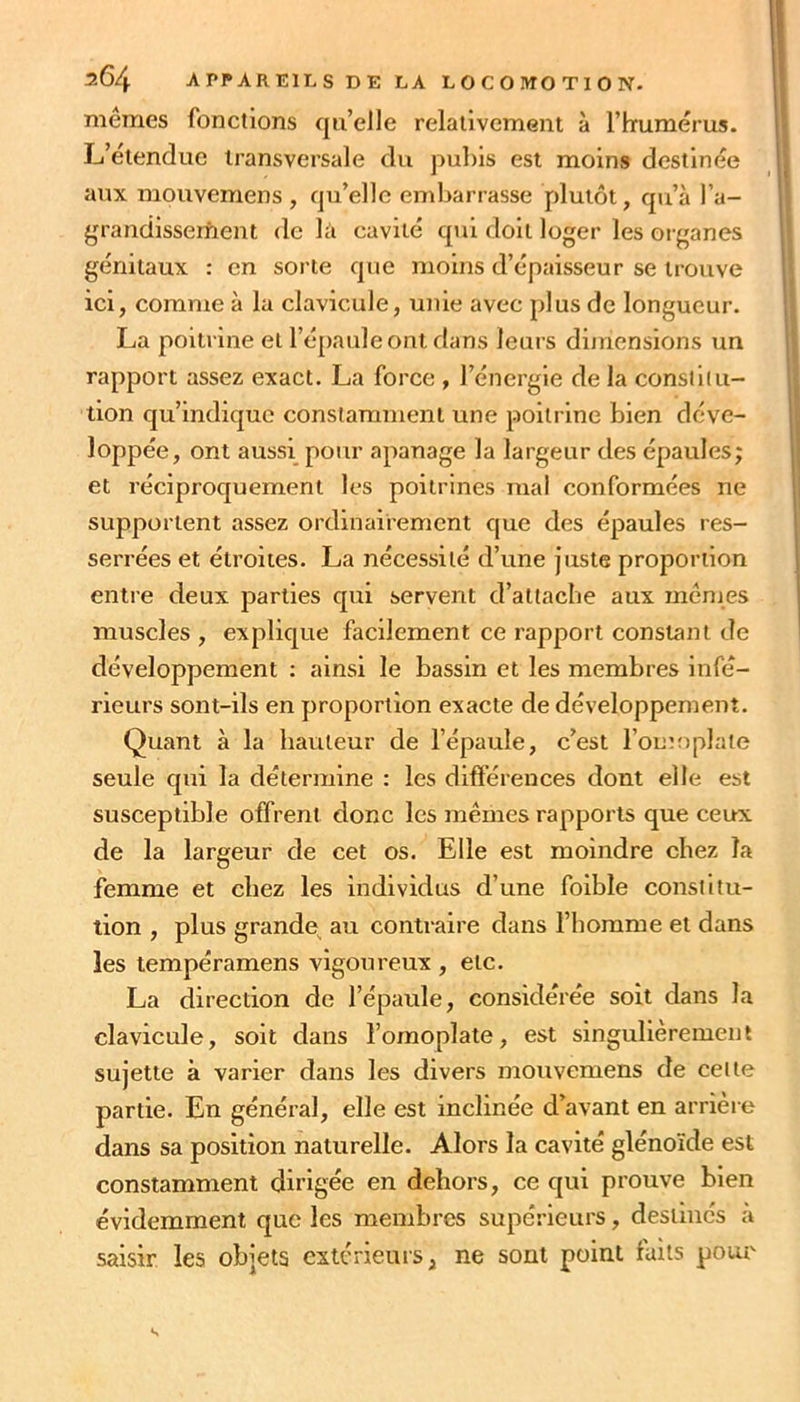 mêmes fonctions qu’eJle relativement à l’immérus. L’étendue transversale du pubis est moins destinée aux mouvemens , qu’elle embarrasse plutôt, qu’à l’a- grandisseifient de là cavité qui doit loger les organes génitaux : en sorte que moins d’épaisseur se trouve ici, comme à la clavicule, unie avec plus de longueur. La poitrine et l’épaule ont dans leurs dijuensions un rapport assez exact. La force , l’énergie de la consiiiu- tion qu’indique constamment une poitrine bien déve- loppée, ont aussi pour apanage la largeur des épaules; et réciproquement les poitrines mal conformées ne supportent assez ordinairement que des épaules res- serrées et étroites. La nécessité d’une juste proportion entre deux parties qui servent d’attache aux mcnics muscles , explique facilement ce rapport constant de développement : ainsi le bassin et les membres infé- rieurs sont-ils en proportion exacte de développement. Quant à la hauteur de l’épaule, c’est l’omtiplate seule qui la détermine : les différences dont elle est susceptible offrent donc les mêmes rapports que ceux de la largeur de cet os. Elle est moindre chez la femme et chez les individus d’une foible constitu- tion , plus grande^ au contraire dans l’homme et dans les tempéramens vigoureux , etc. La direction de l’épaule, considérée soit dans la clavicule, soit dans l’omoplate, est singulièrement sujette à varier dans les divers mouvemens de cette partie. En général, elle est inclinée d’avant en arrièi e dans sa position naturelle. Alors la cavité glénoïde est constamment dirigée en dehors, ce qui prouve bien évidemment que les membres supérieurs, destinés à saisir les objets extérieurs, ne sont point faits pour