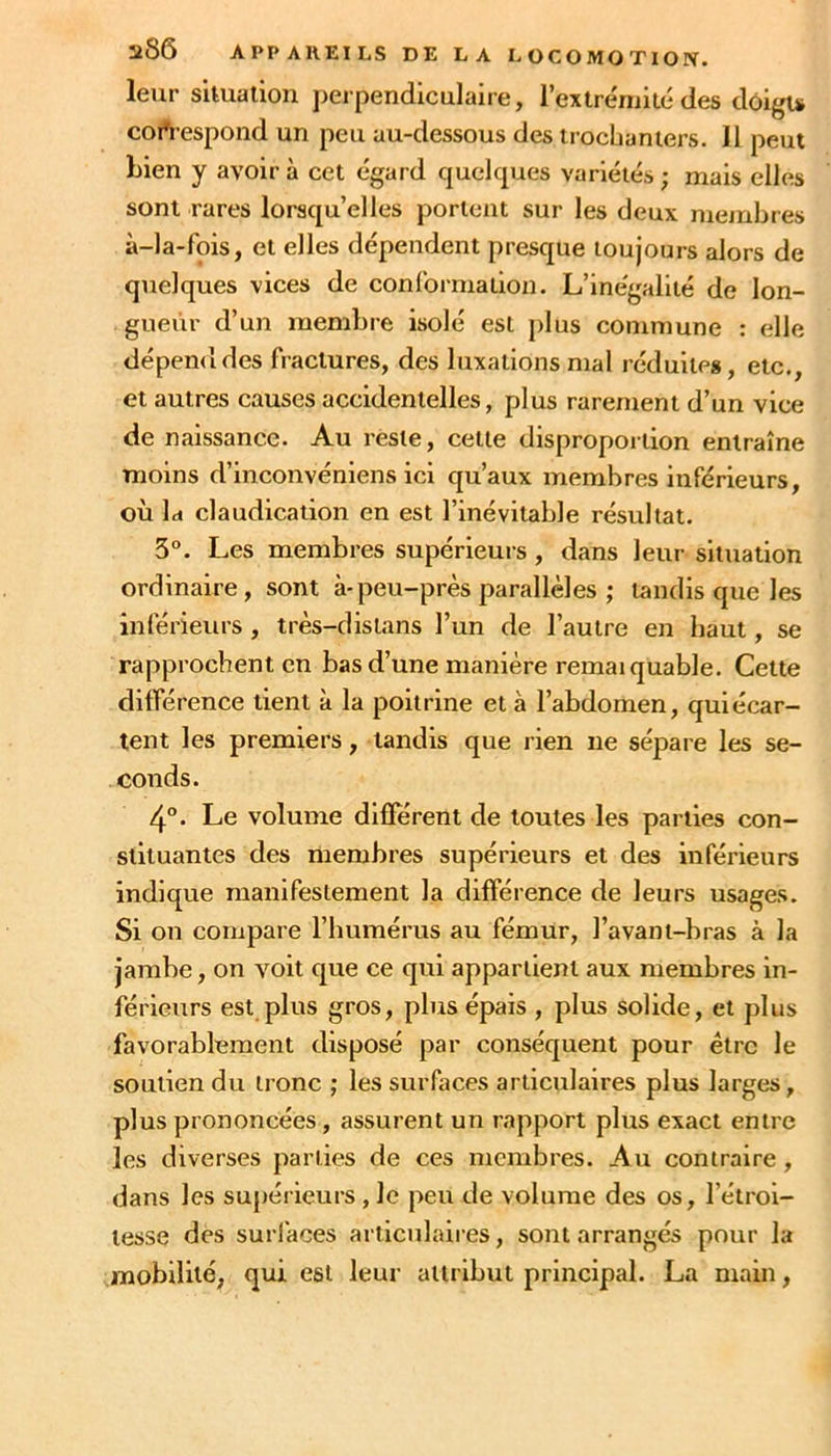 leur silualion perpendiculaire, l’extréniilé des dôigis cort espond un peu au-dessous des irocbaniers. Il peut Lien y avoir à cet égard quelcpies variétés ; mais elles sont rares lorsqu’elles portent sur les deux membres à-la-fois, et elles dépendent presque toujours alors de quelques vices de conformation. L’ine'gallté de lon- gueur d’un membre isolé est j)lus commune : elle dépend des fiactures, des luxations mal réduites, etc., et autres causes accidentelles, plus rarement d’un vice de naissance. Au reste, cette disproportion entraîne moins d’inconvénlens ici qu’aux membres inférieurs, où la claudication en est l’inévitable résultat. 3°. Les membres supérieurs, dans leur situation ordinaire, sont à-peu-près parallèles ; tandis que les inférieurs , très-dislans l’un de l’autre en haut, se rapprochent en bas d’une manière remai quable. Cette différence tient à la poitrine et à l’abdomen, qui écar- tent les premiers, tandis que rien ne sépare les se- conds. 4°. Le volume dlfïerent de toutes les parties con- stituantes des membres supérieurs et des inférieurs indique manifestement la différence de leurs usages. Si on compare l’humérus au fémur, l’avant-bras à la jambe, on voit que ce qui appartient aux membres in- férieurs est plus gros, plus épais , plus solide, et pins favorablement disposé par conséquent pour être le soutien du tronc ; les surfaces articulaires plus larges, plus prononcées, assurent un rapport plus exact entre les diverses parties de ces membres. Au contraire , dans les supérieurs, le peu de volume des os, l’étroi- tesse des surfaces articulaires, sont arrangés pour la mobilité, qui est leur attribut principal. La main,