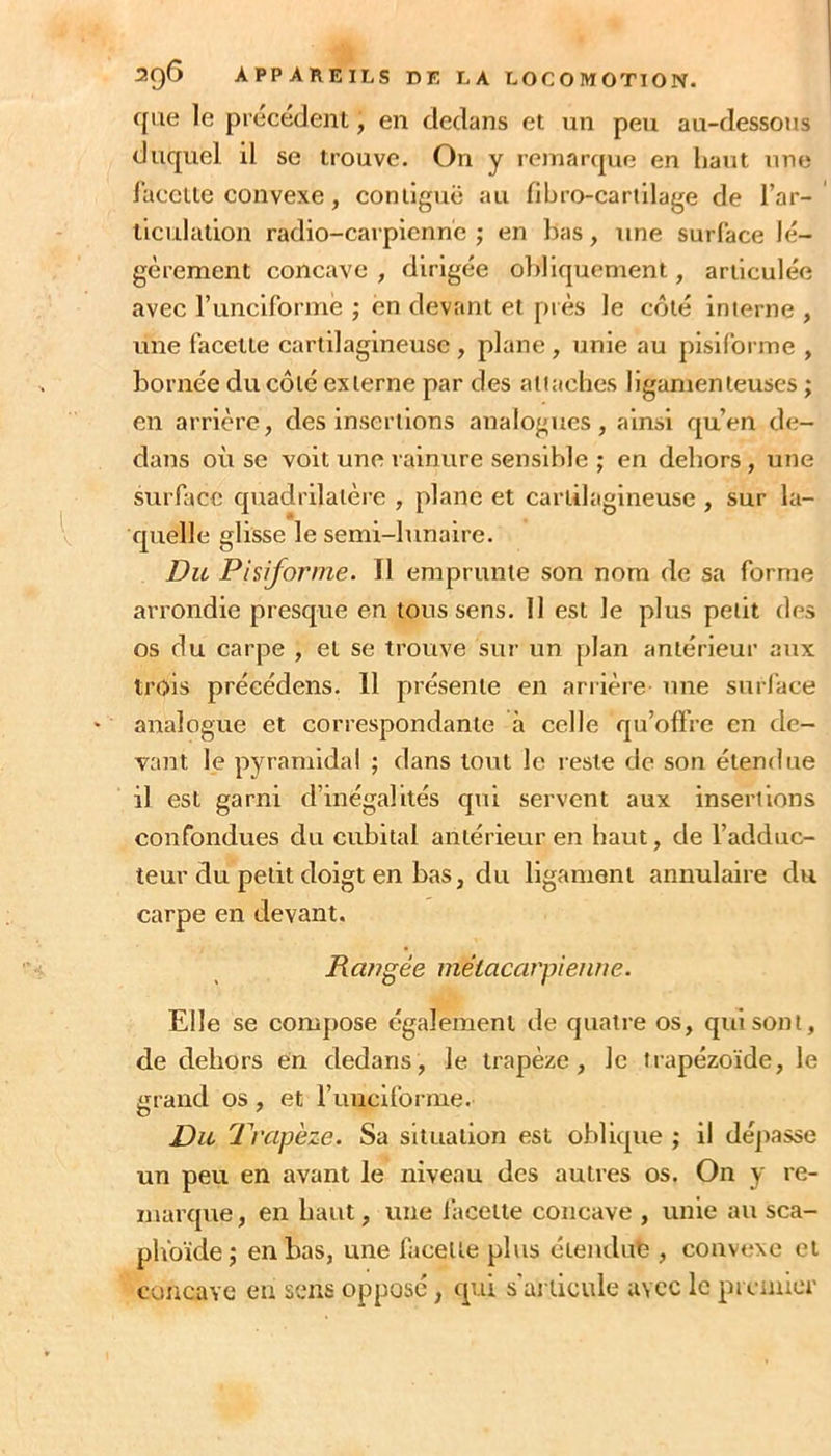 que le précédent, en dedans et un peu au-dessous duquel il se trouve. On y remarque en haut une l’acctle convexe, contiguë au fibro-cartilage de l’ar- ticulation radio-carpiennë ; en bas, une surface lé- gèrement concave , dirigée olillquement, articulée avec runclformè ; en devant et près le côté interne , une facette cartilagineuse , plane , unie au pisiforme , bornée du côté externe par des aliaches ligamenteuses ; en arrière, des insertions analogues, ainsi qu’en de- dans où SC voit une rainure sensible ; en dehors , une surface quadrilatère , plane et cartilagineuse , sur la- quelle glisse le semi-lunaire. Du Pisiforme. Il emprunte son nom de sa forme arrondie presque en tous sens. 11 est le plus petit des os du carpe , et se trouve sur un plan antérieur aux trois préeédens. 11 présente en arrière une surface analogue et correspondante à celle qu’offre en de- vant le pyramidal ; dans tout le reste de son étendue il est garni d’inégalités qui servent aux insertions confondues du cubital antérieur en haut, de l’adduc- teur du petit doigt en bas, du ligament annulaire du carpe en devant. Ra?7gée métaccu'pienne. Elle se compose également de quatre os, qui sont, de dehors en dedans, le trapèze, le frapézoïde, le grand os, et runciforine. Du Trapèze. Sa situation est oblique ; il déjiasse un peu en avant le niveau des autres os. On y re- marque, en haut, une laceite concave , unie au sca- phoïde j en bas, une facette plus étendub , convexe et concave en sens opposé, qui s'articule avec le premier