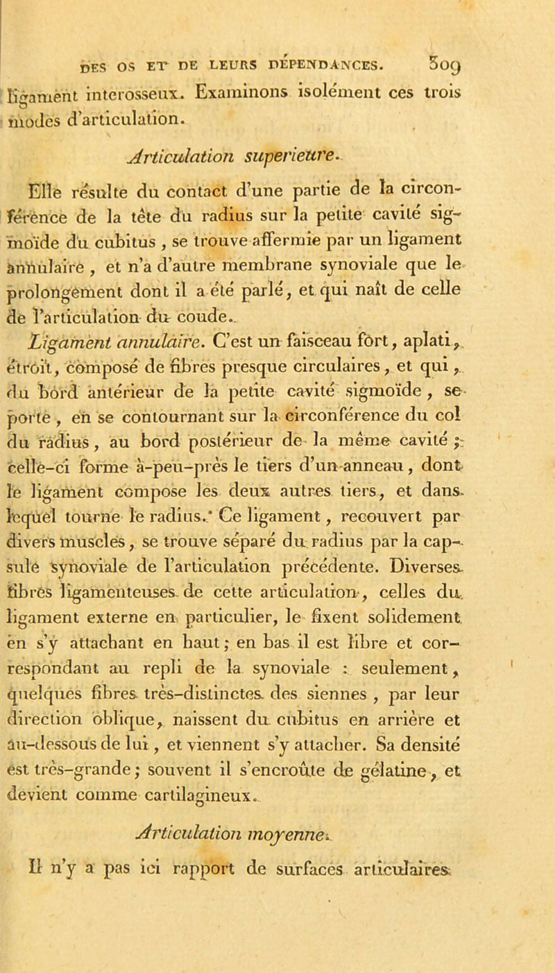 îi'Vamènt interosseux. Examinons isole'ment ces trois b modes d’articulation. Articulation supérieure. Elle résulte du contact d’une partie de la circon- îérènce de la tête du radius sur la petite cavité sig- moïde dü cubitus , se trouve affermie par un ligament àniïulairè , et n’a d’autre membrane synoviale que le prolongement dont il a été parlé, et qui naît de celle de l’articulation du coude.. Ligament annulàire. C’est un faisceau fôrt, aplati , étroit, composé de fibres presque circulaires, et qui du bord antérieur de la petite cavité sigmoïde , se poi’te , en se contournant sur la circonférence du col du radius, au bord postérieur de la même cavité celle-ci forme à-peu-près le tiers d’un-anneau, dont, le ligament compose les deux autres tiers, et dans, lequel tourne le radius.* Ce ligament, recouvert par divers musclés, se trouve séparé du radius par la cap-, suie Synoviale de l’articulation précédente. Diverses- iûbres ligamenteuses, de cette articulation, celles du. ligament externe en particulier, le fixent solidement, en s’y attachant en haut ; en bas il est libre et cor- respondant au repli de la synoviale : seulement, quelques fibres très-distinctes des siennes , par leur direction oblique, naissent du cubitus en arrière et au-dessous de lui, et viennent s’y attacher. Sa densité est très-grande ; souvent il s’encroûte de gélatine , et devient comme cartilagineux.. Articulation moyenne-. Il n’y a pas ici rapport de surfaces articulaires