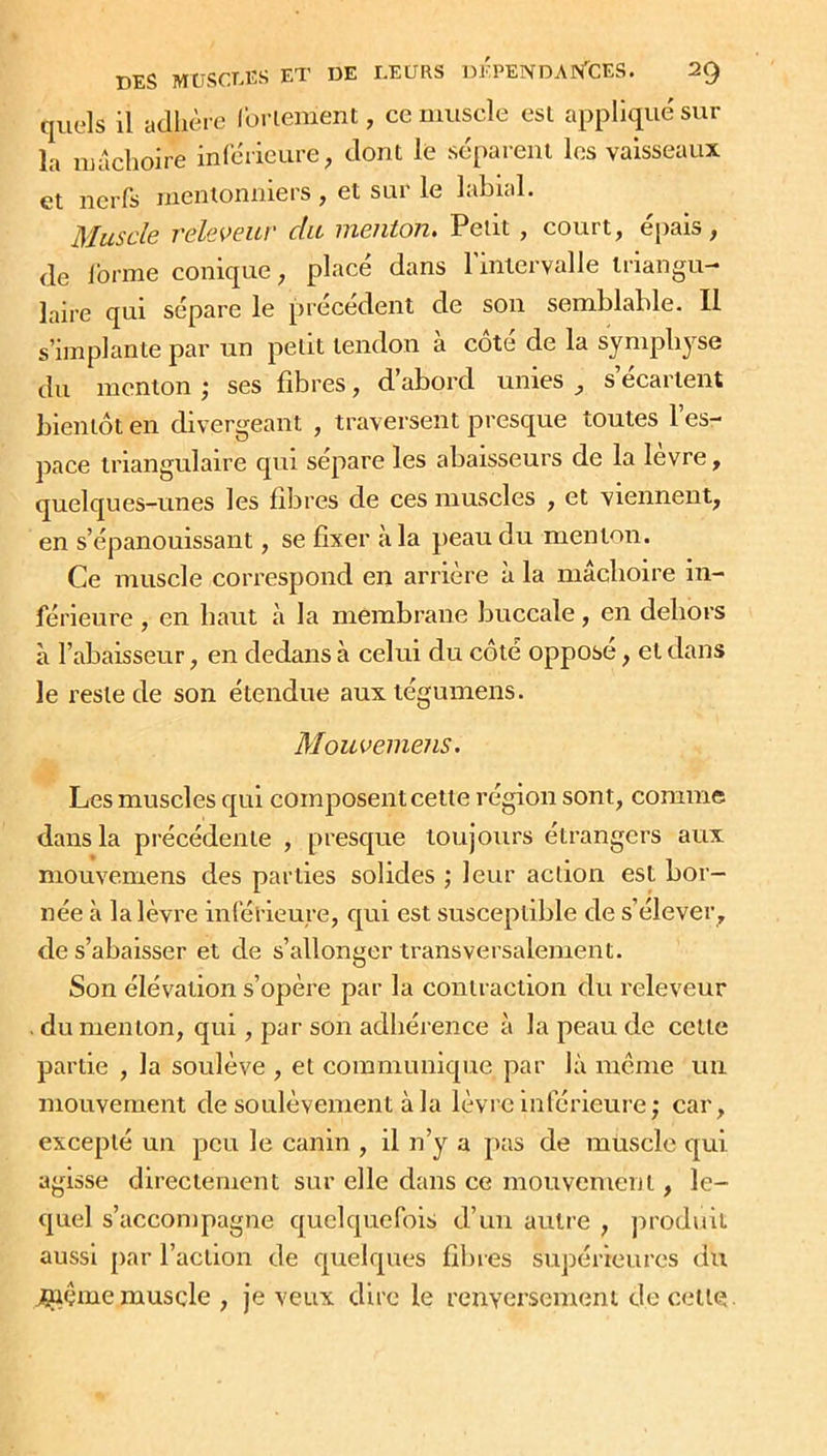 quels 11 adhère fortement, ce muscle est appliqué sur la mâchoire inférieure, dont le séparent les vaisseaux et nerfs mentonniers , et sur le labial. Muscle réleveur du menton. Petit , court, épais, de forme conique, place dans 1 intervalle triangu- laire qui sépare le précédent de son semblable. Il s’implante par un petit tendon a cote de la symphyse du menton ; ses fibres, d’abord unies , s’écartent bientôt en divergeant , traversent presque toutes l’es- pace triangulaire qui séparé les abaisseurs de la levre, quelques-unes les fibres de ces muscles , et viennent, en s’épanouissant, se fixer à la peau du menton. Ce muscle correspond en arrière à la mâchoire in- férieure , en haut à la membrane buccale, en dehors à l’abaisseur, en dedans à celui du côté oppose, et dans le reste de son étendue auxtégumens. Mouvemens. Les muscles qui composent cette région sont, comme dans la précédente , presque toujours étrangers aux mouvemens des parties solides ; leur action est bor- née à la lèvre inférieure, qui est susceptible de s’élever, de s’abaisser et de s’allonger transversalement. Son élévation s’opère par la contraction du releveur . du menton, qui, par son adhérence à la peau de cette partie , la soulève , et communique par là même un mouvement de soulèvement à la lèvre inférieure ; car, excepté un peu le canin , il n’y a pas de muscle qui agisse directement sur elle dans ce mouvement, le- quel s’accompagne quelquefois d’un autre , produit aussi par l’action de quelques fibres supérieures du çiême muscle , je veux dire le renversement de celle