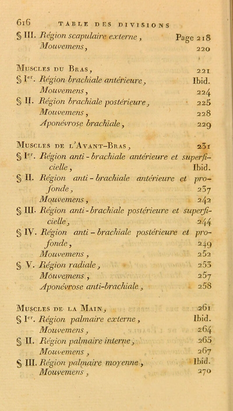 § III. Région scapulaire externe , Page 218 Mouvemens y 220 » Muscles du Bras, 221 § Ie1'. Région brachiale antérieure, Ibid. Mouvemens, 224 §11. Région brachiale postérieure y 228 Mouvemens, 228 Aponévrose brachiale, 229 Muscles de l'Avant-Bras, a3r § Ier. Région anti - brachiale antérieure et superfi- cielle y Ibid. § II. Région anti - brachiale antérieure et pro- fonde , 257 Mouvemens, 242 § III- Région anti-brachiale postérieure et superfi- cielle , 244 § IV. Région anti - brachiale postérieure et pro- fonde, 249 Mou vemens, 2 52 § V. Région radiale , 255 Môuvemens, 257 Aponévrose anti-brachiale , 258 Muscles de la Main, 261 § Ier. Région palmaire externe , Ibid. Mouvemens, 264 §11. Région palmaire interne, 265 Mouvemens, 267 § III. Région palmaire moyenne, Ibid.