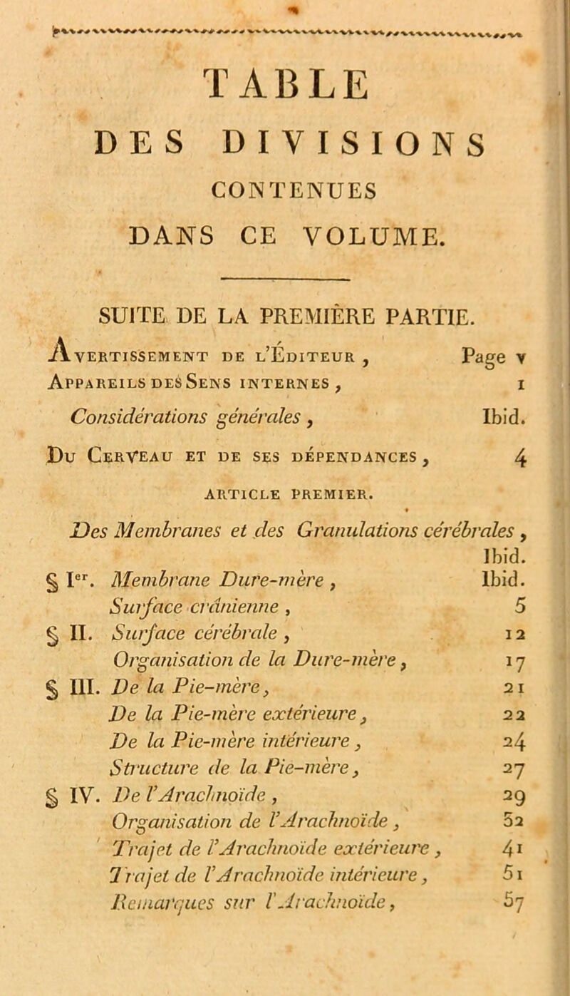 TABLE DES DIVISIONS CONTENUES DANS CE VOLUME. SUITE DE LA PREMIÈRE PARTIE. Avertissement de l’Éditeur , Page y Appareils des Sens internes , i Considérations générales, Ibid. Du Cerveau et de ses dépendances , 4 article premier. Des Membranes et des Granulations cérébrales , Ibid. § Ier. Membrane Dure-mère, Ibid. Suif ace crânienne , 5 g II. Surface cérébrale , 12 Organisation de la Dure-mère, 17 S 111. Dé la Pie-mère, 21 De la Pie-mère extérieure 22 De la Pie-mère intérieure, 24 Structure de la Pie-mère, 27 § IV- De VArachnoïde , 29 Organisation de VArachnoïde, 52 Trajet de VArachnoïde extérieure, 41 Ira jet de V Arachnoïde intérieure, 5i Démarqués sur iArachnoïde, 67