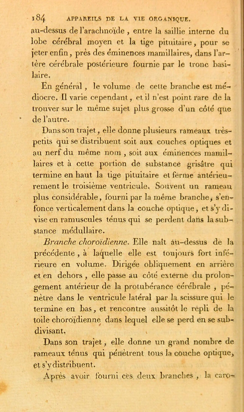RU-dessus de l’arachnoïde , entre la saillie interne du lobe cérébral moyen et la tige pituitaire, pour se jeter enfin, près des éminences mamillaires, dans l’ar- ' i 1ère cérébrale postérieure fournie par le tronc basi- I laire. En général, le volume de cette branche est mé- diocre. Il varie cependant, et il n’est point rare de la | trouver sur le même sujet plus grosse d’un côté que de l’autre. Dans son trajet, elle donne plusieurs rameaux très- petits qui se distribuent soit aux couches optiques et i au nerf du même nom , soit aux éminences mamil- | ïaires et à cette portion de substance grisâtre qui | termine en haut la lige pituitaire et ferme antérieu- rement le troisième ventricule. Souvent un rameau i I plus considérable, fourni par la même branche, s’en- 1 fonce verticalement dans la couche optique, et s’y di- « vise en ramuscules ténus qui se perdent dans la sub- I stance médullaire. ' Branche choroicîienne. Elle naît au-dessus de la i précédente , à laquelle elle est toujours fort infé- ' rieure en volume. Dirigée obliquement en arrière i et en dehors , elle passe au côté externe du prolon- gement antérieur de la protubérance cérébrale , pé- nètre dans le ventricule latéral par la scissure qui le termine en bas, et rencontre aussitôt le repli de la toile choroïdienne dans lequel elle se perd en se sub- divisant, » Dans son trajet, elle donne un grand nombre de rameaux ténus qui pénètrent tous la couche optique, et s’y distribuent. Après avoir fourni ces deux branches , la caro-